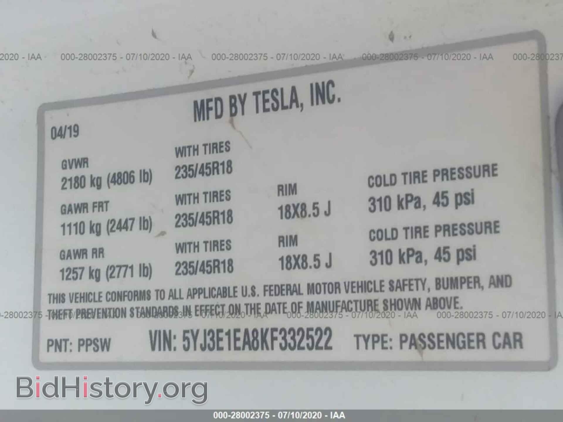 2019 TESLA MODEL 3 - VIN: 5YJ3E1EA8KF332522 - Фото 9