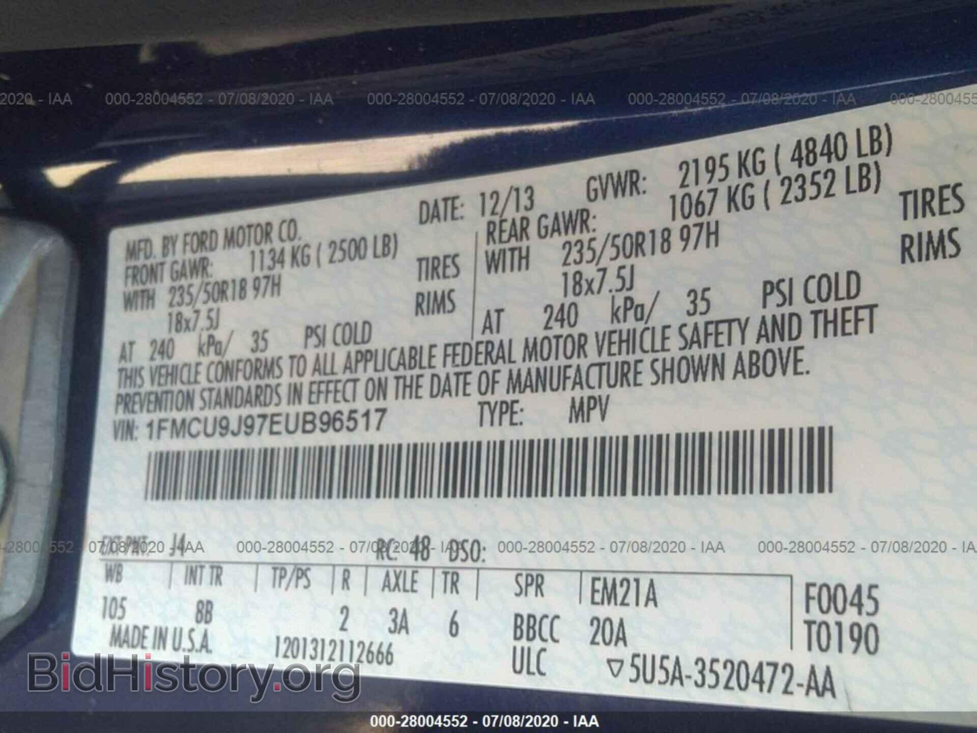2014 FORD ESCAPE - VIN: 1FMCU9J97EUB96517 - Фото 9