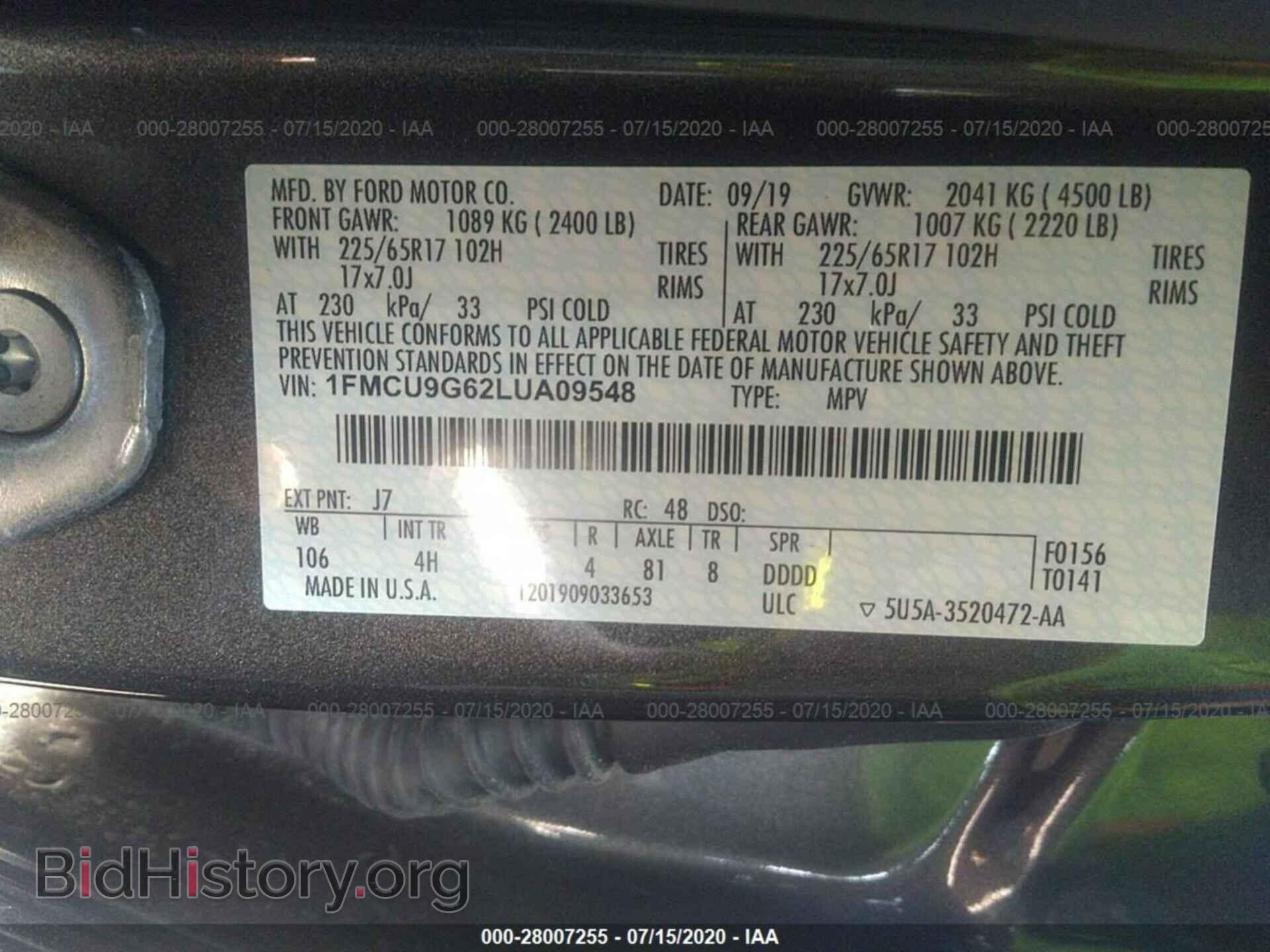 2020 FORD ESCAPE - VIN: 1FMCU9G62LUA09548 - Фото 9