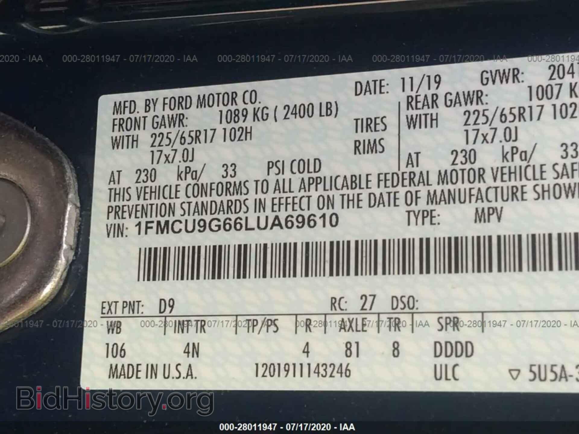 2020 FORD ESCAPE - VIN: 1FMCU9G66LUA69610 - Photo 9