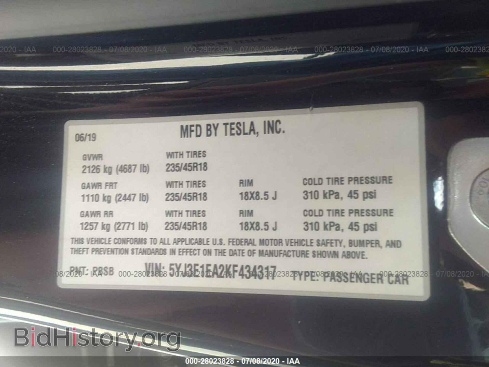 2019 TESLA MODEL 3 - VIN: 5YJ3E1EA2KF434317 - Фото 9