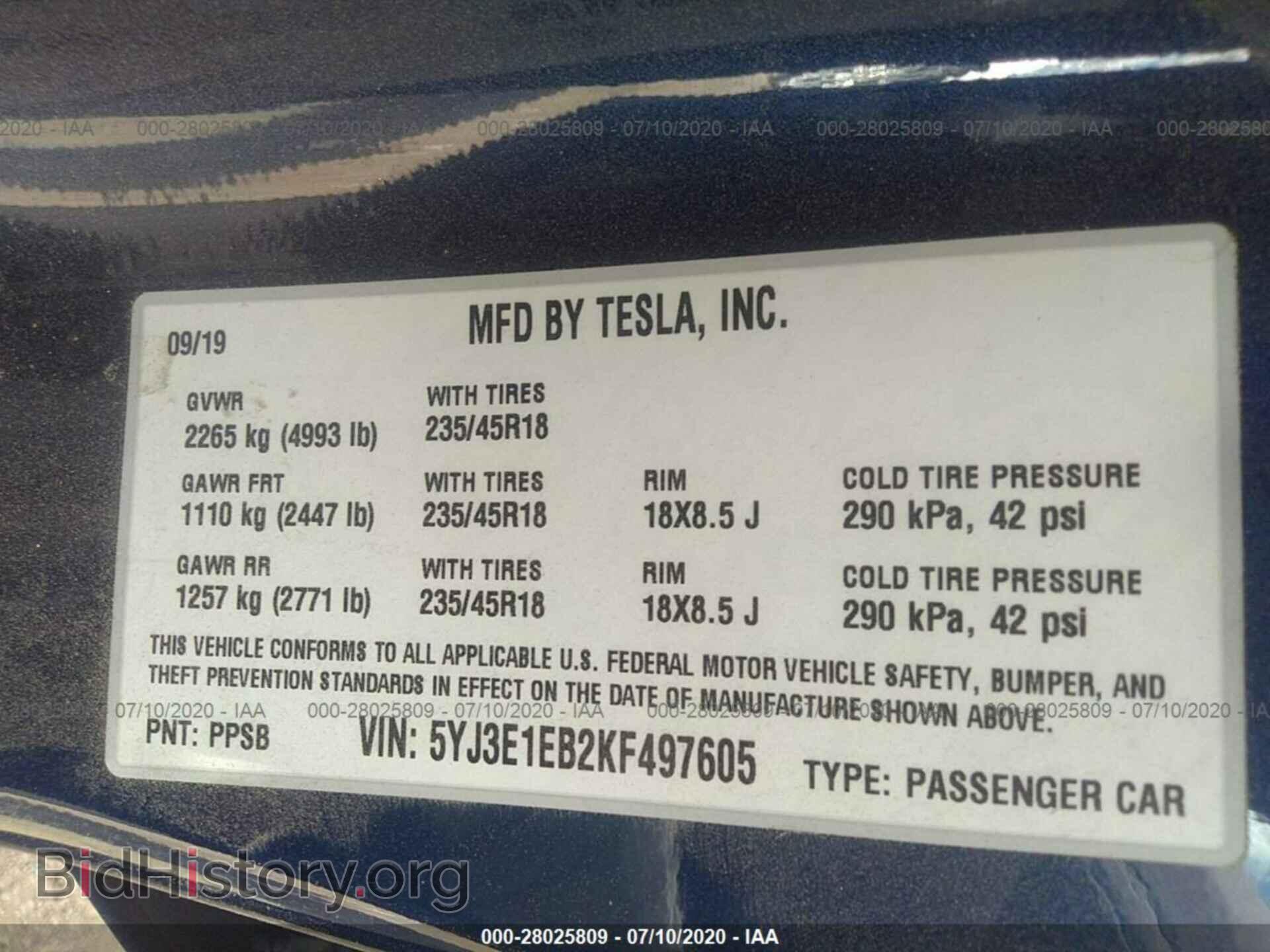 2019 TESLA MODEL 3 - VIN: 5YJ3E1EB2KF497605 - Фото 9