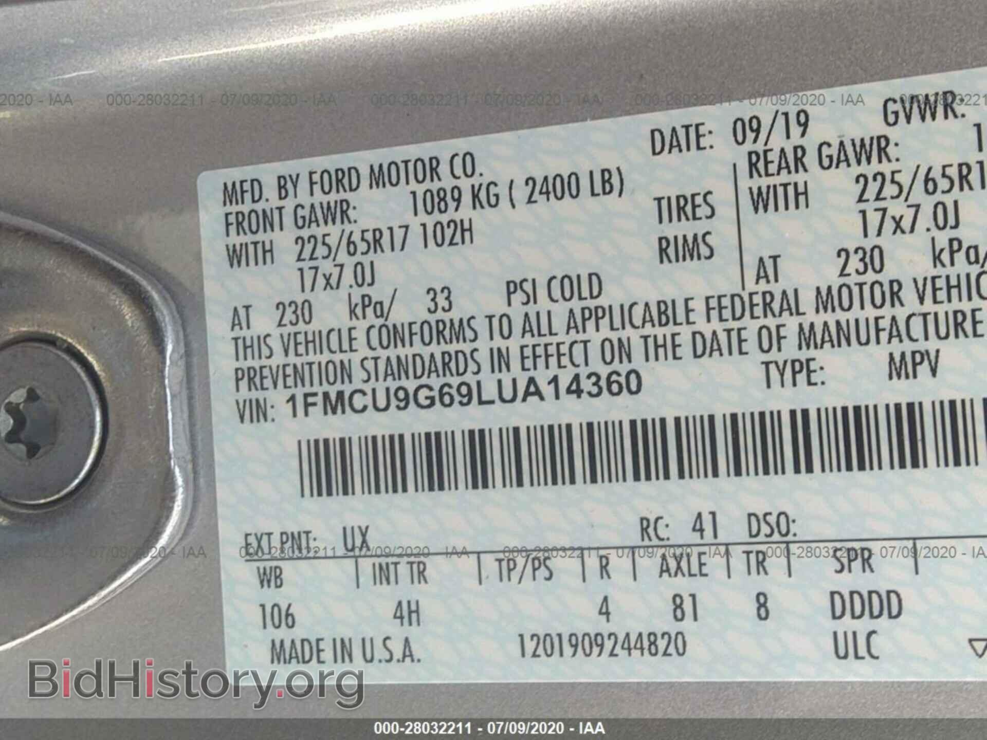 2020 FORD ESCAPE - VIN: 1FMCU9G69LUA14360 - Photo 9