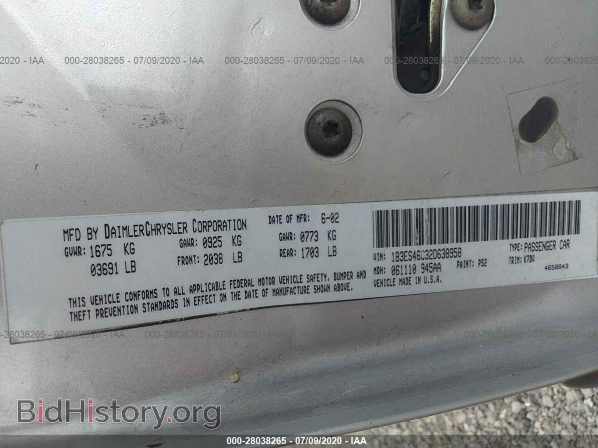 2002 DODGE NEON - VIN: 1B3ES46C32D638958 - Фото 9