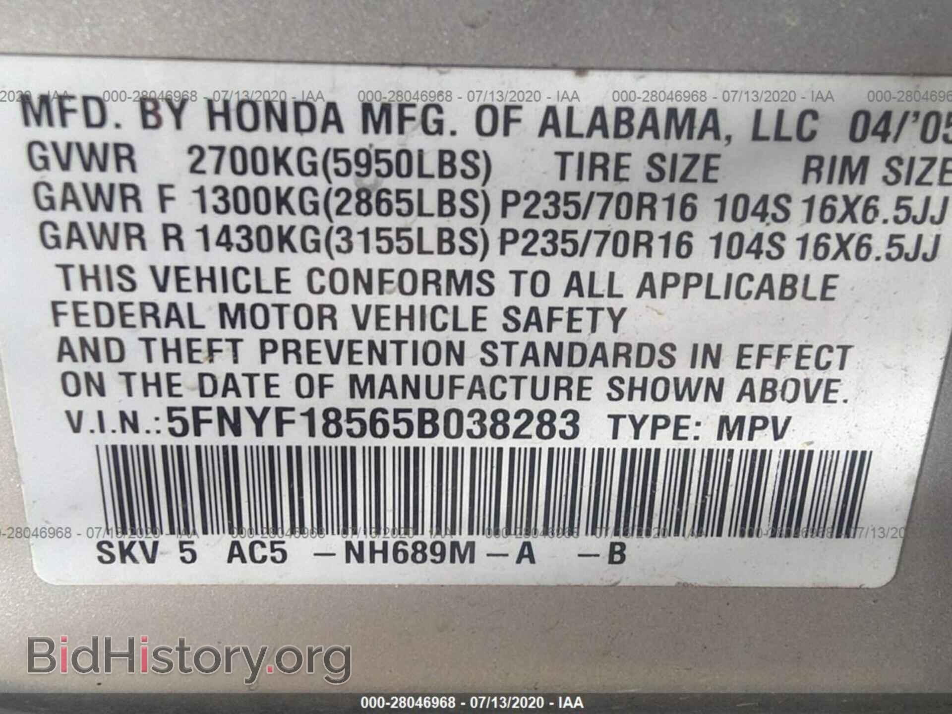 2005 HONDA PILOT - VIN: 5FNYF18565B038283 - Фото 9