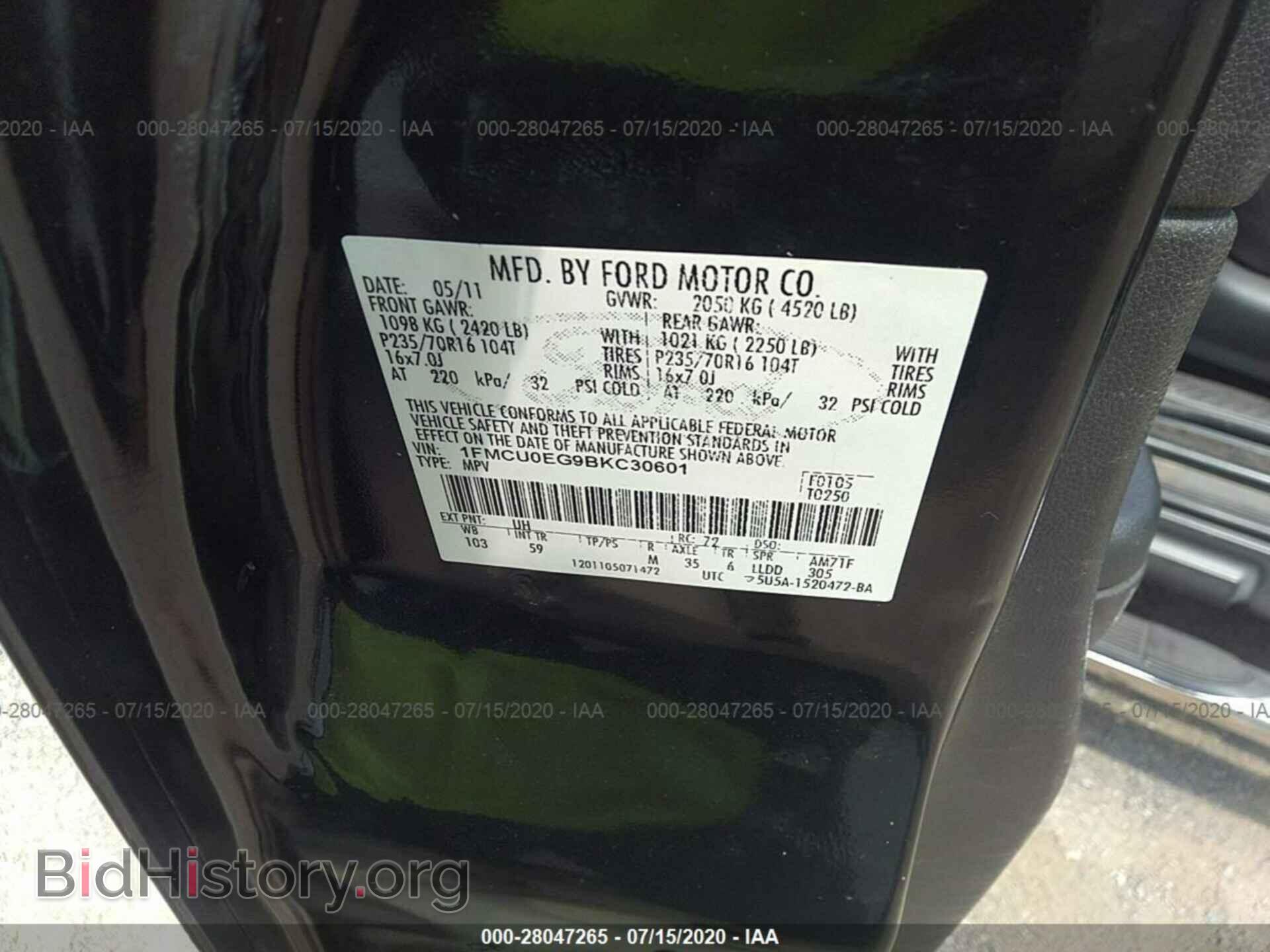 2011 FORD ESCAPE - VIN: 1FMCU0EG9BKC30601 - Фото 9