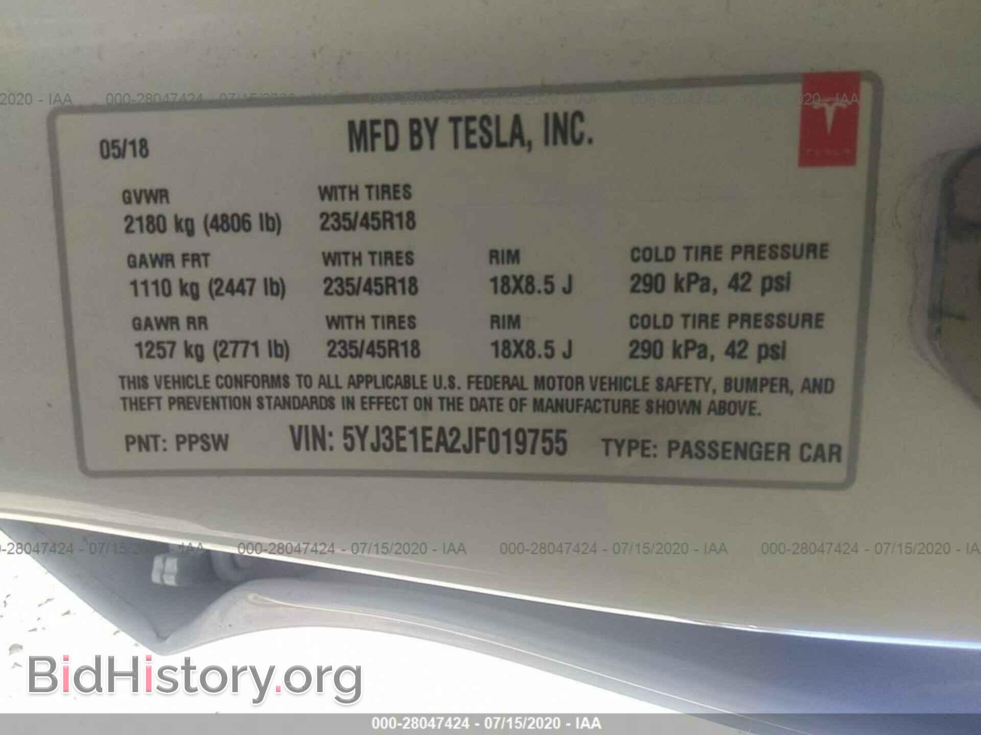2018 TESLA MODEL 3 - VIN: 5YJ3E1EA2JF019755 - Фото 9