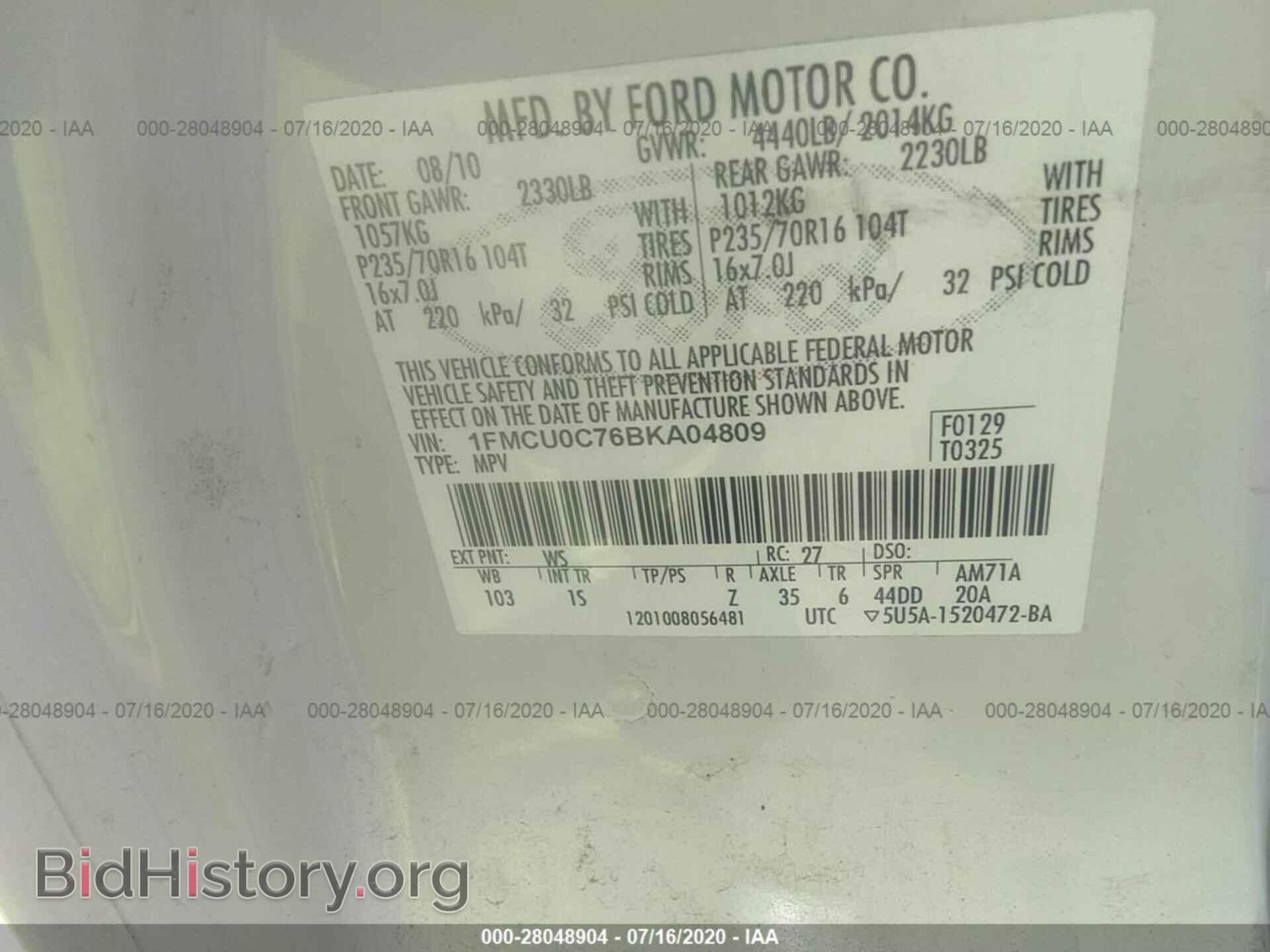 2011 FORD ESCAPE - VIN: 1FMCU0C76BKA04809 - Фото 9