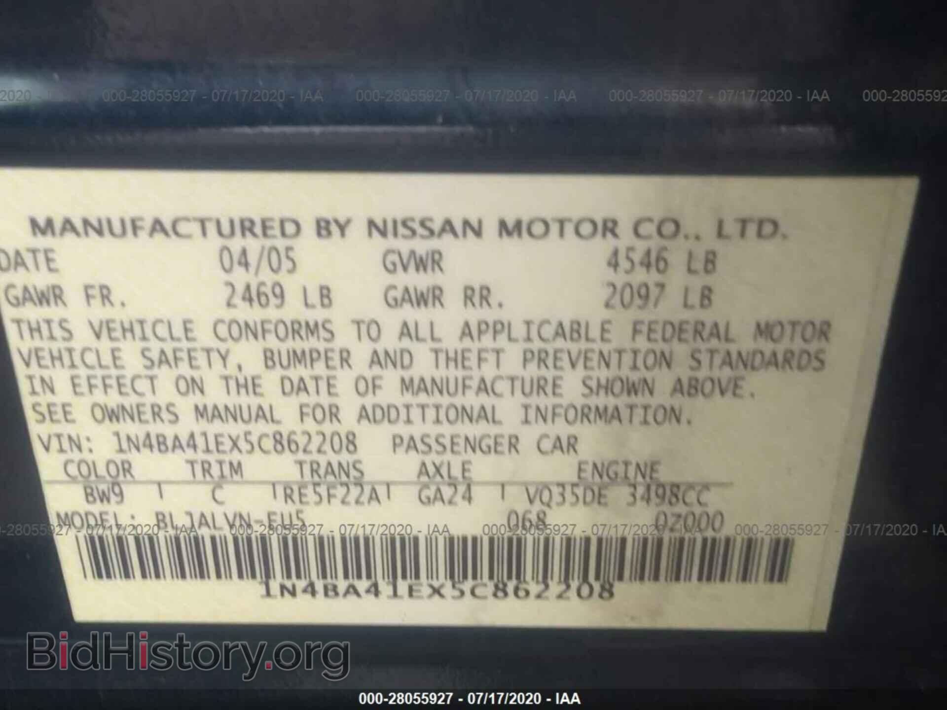 2005 NISSAN MAXIMA - VIN: 1N4BA41EX5C862208 - Фото 9
