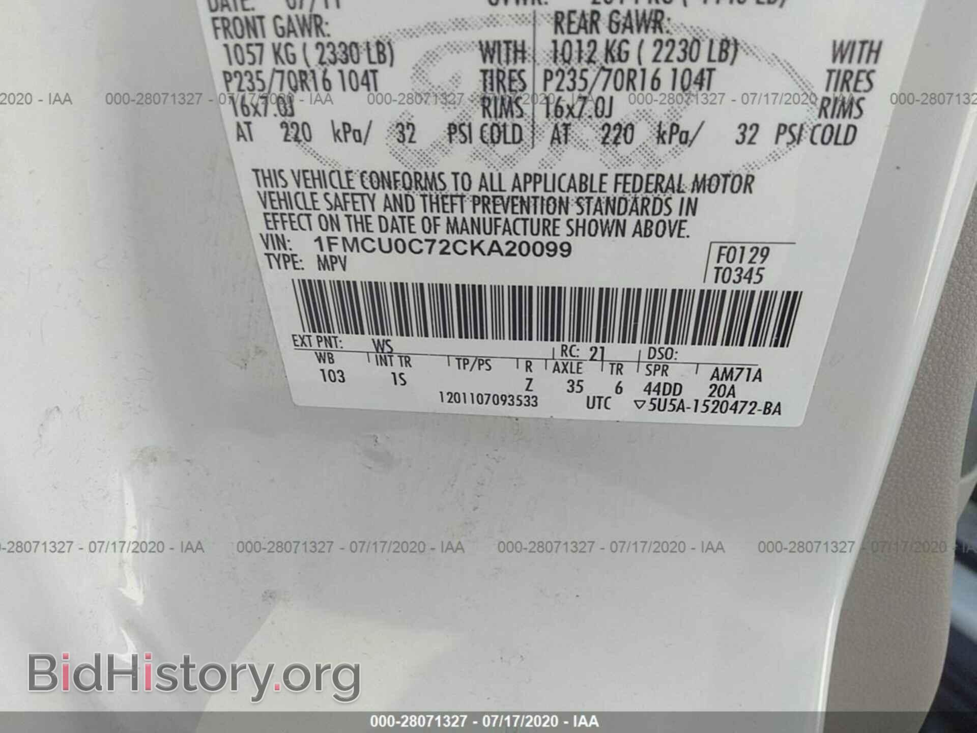 2012 FORD ESCAPE - VIN: 1FMCU0C72CKA20099 - Фото 9