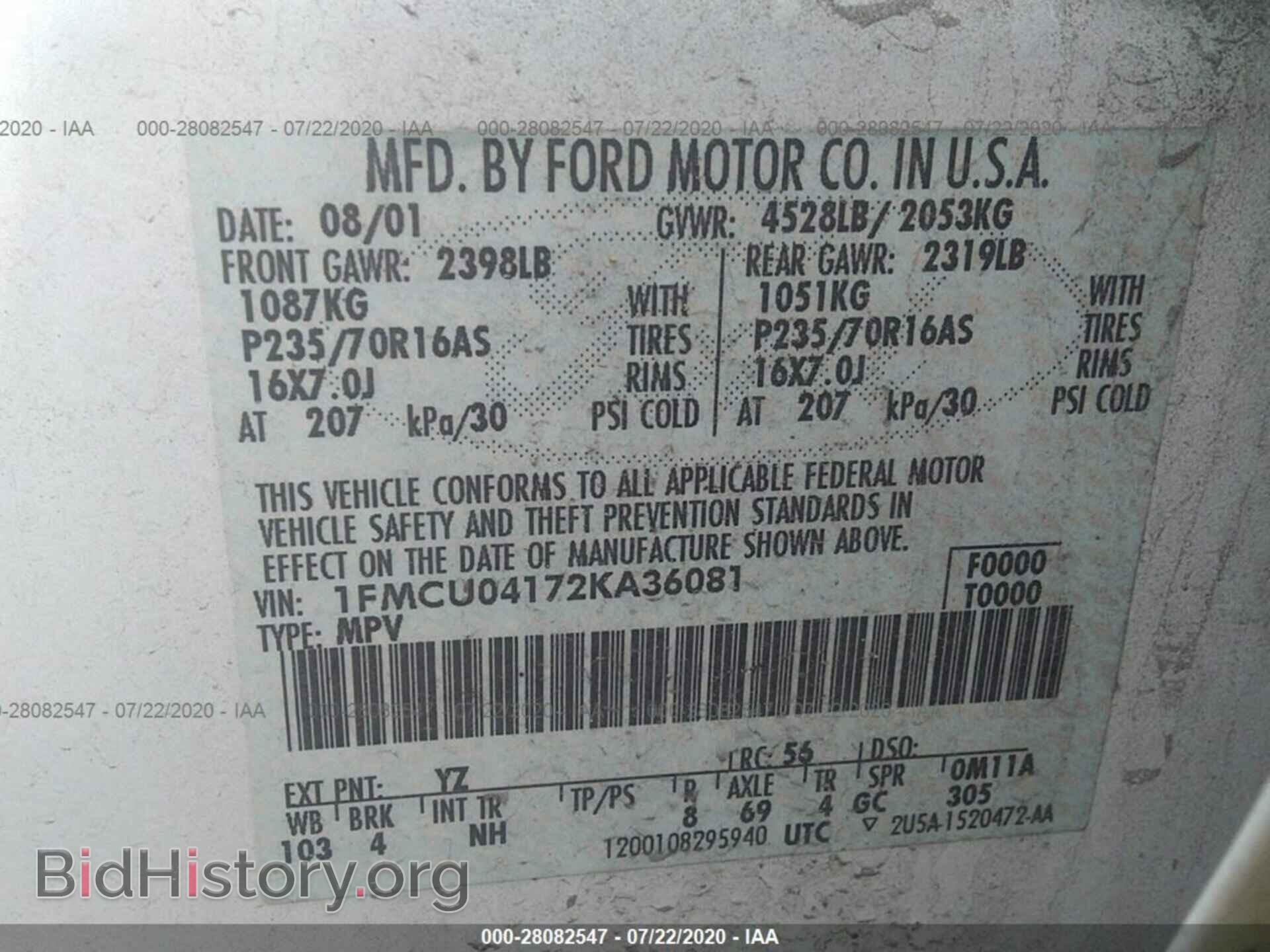 2002 FORD ESCAPE - VIN: 1FMCU04172KA36081 - Фото 9