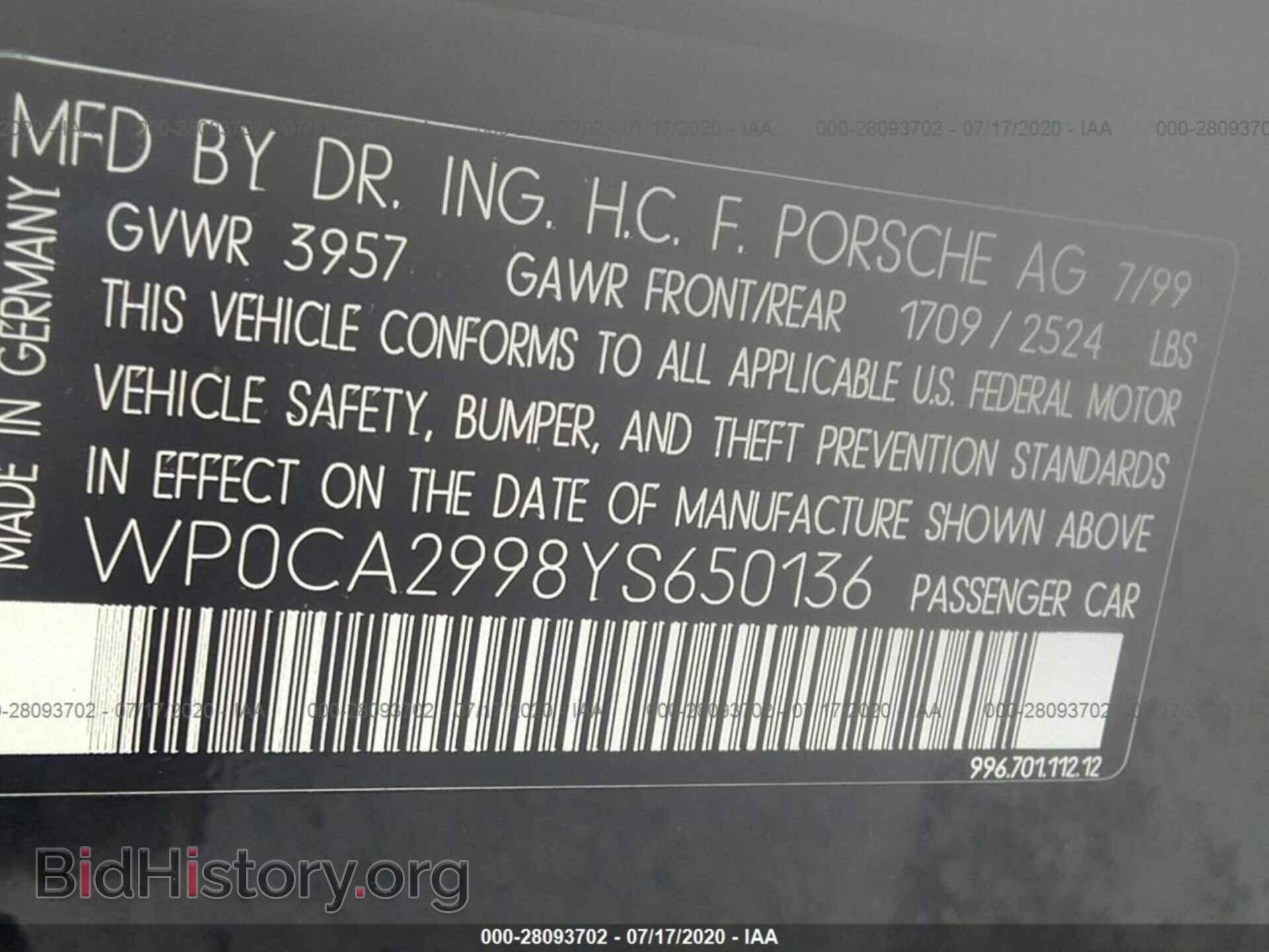 2000 PORSCHE 911 - VIN: WP0CA2998YS650136 - Фото 9