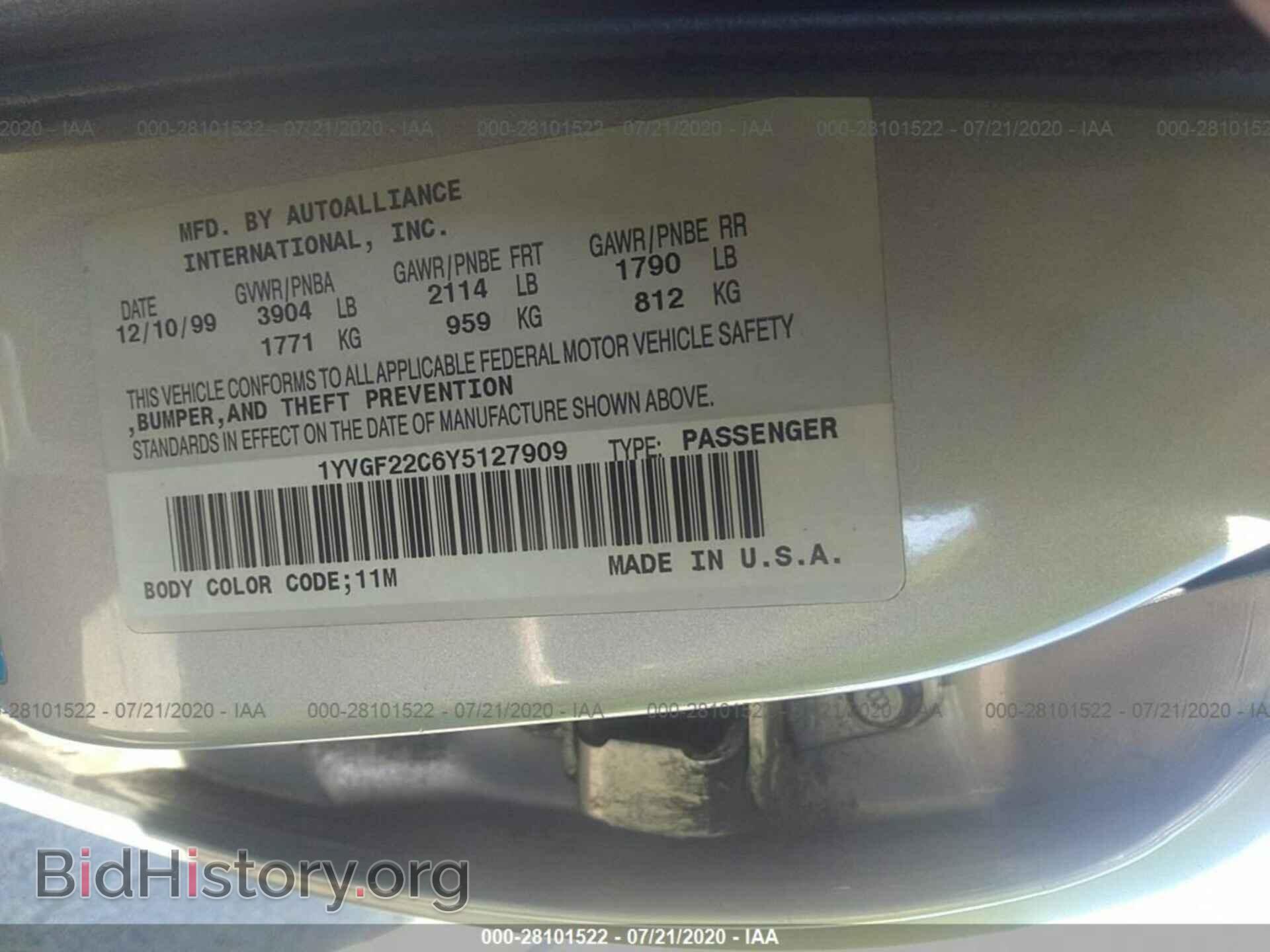 2000 MAZDA 626 - VIN: 1YVGF22C6Y5127909 - Фото 9