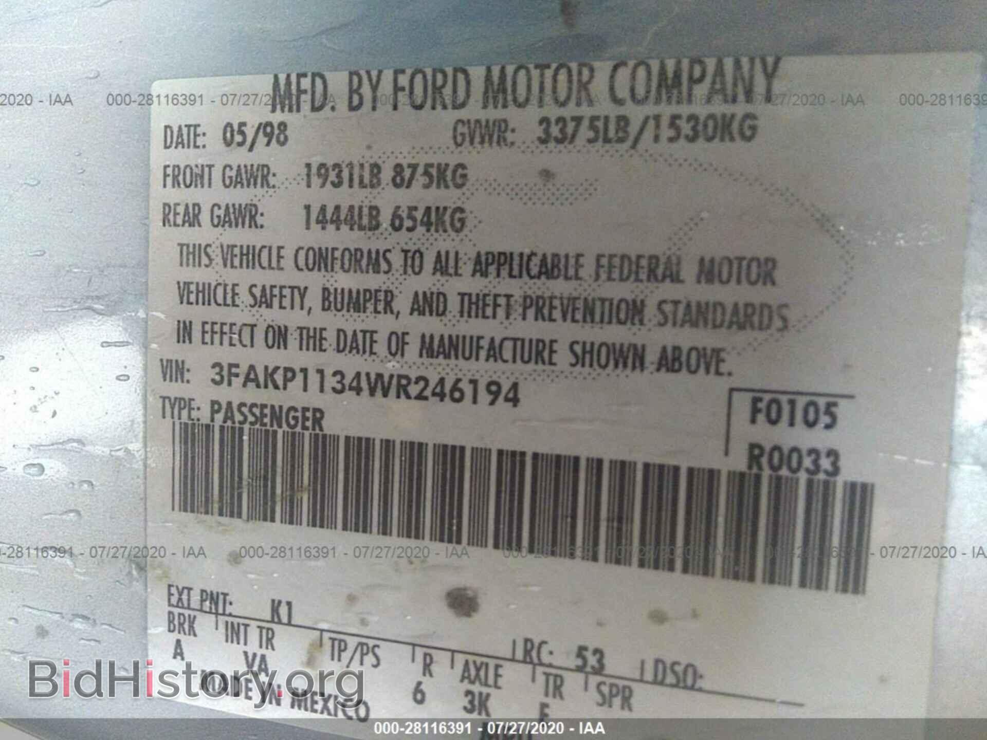 1998 FORD ESCORT - VIN: 3FAKP1134WR246194 - Фото 9