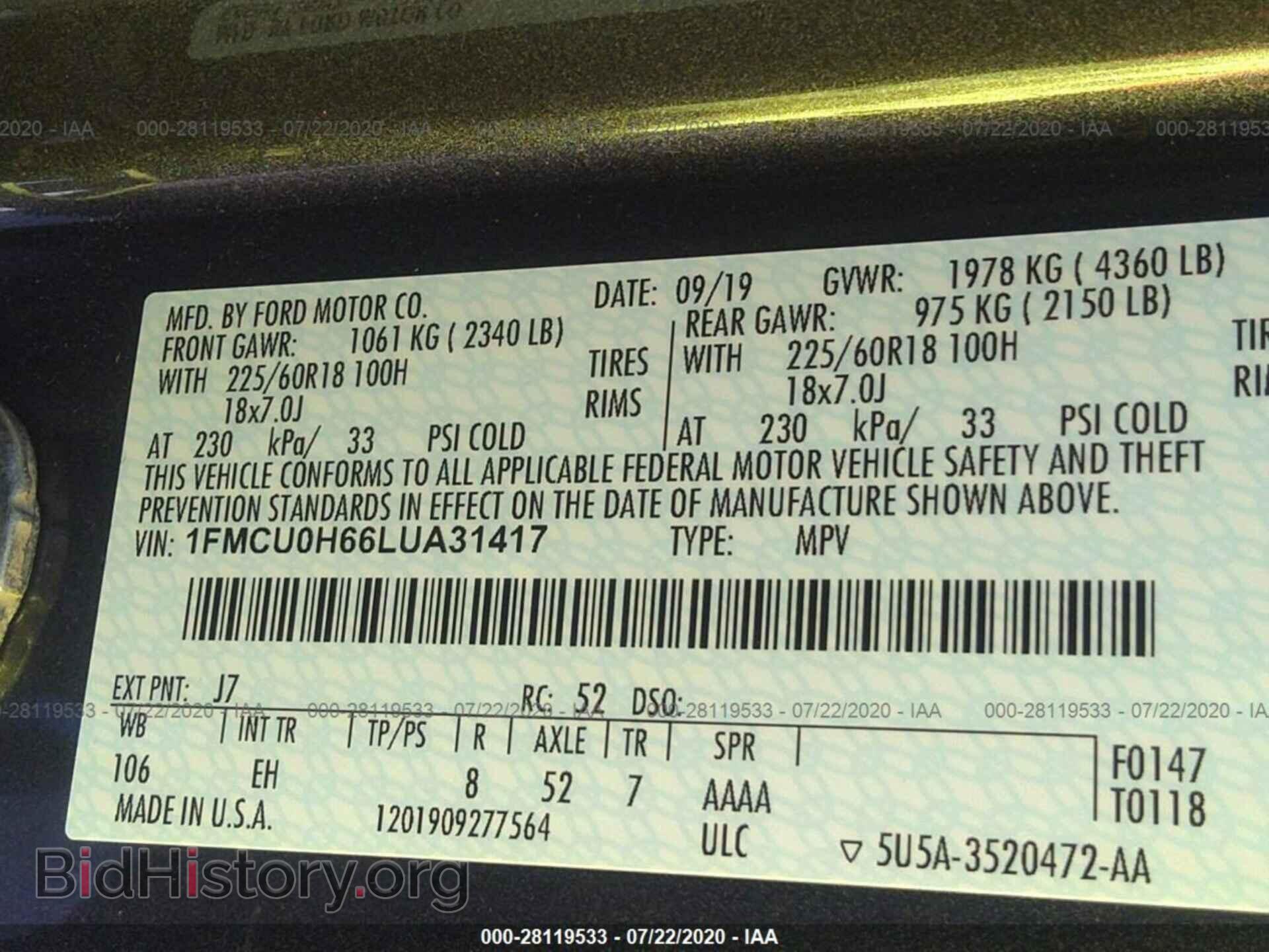 2020 FORD ESCAPE - VIN: 1FMCU0H66LUA31417 - Photo 9