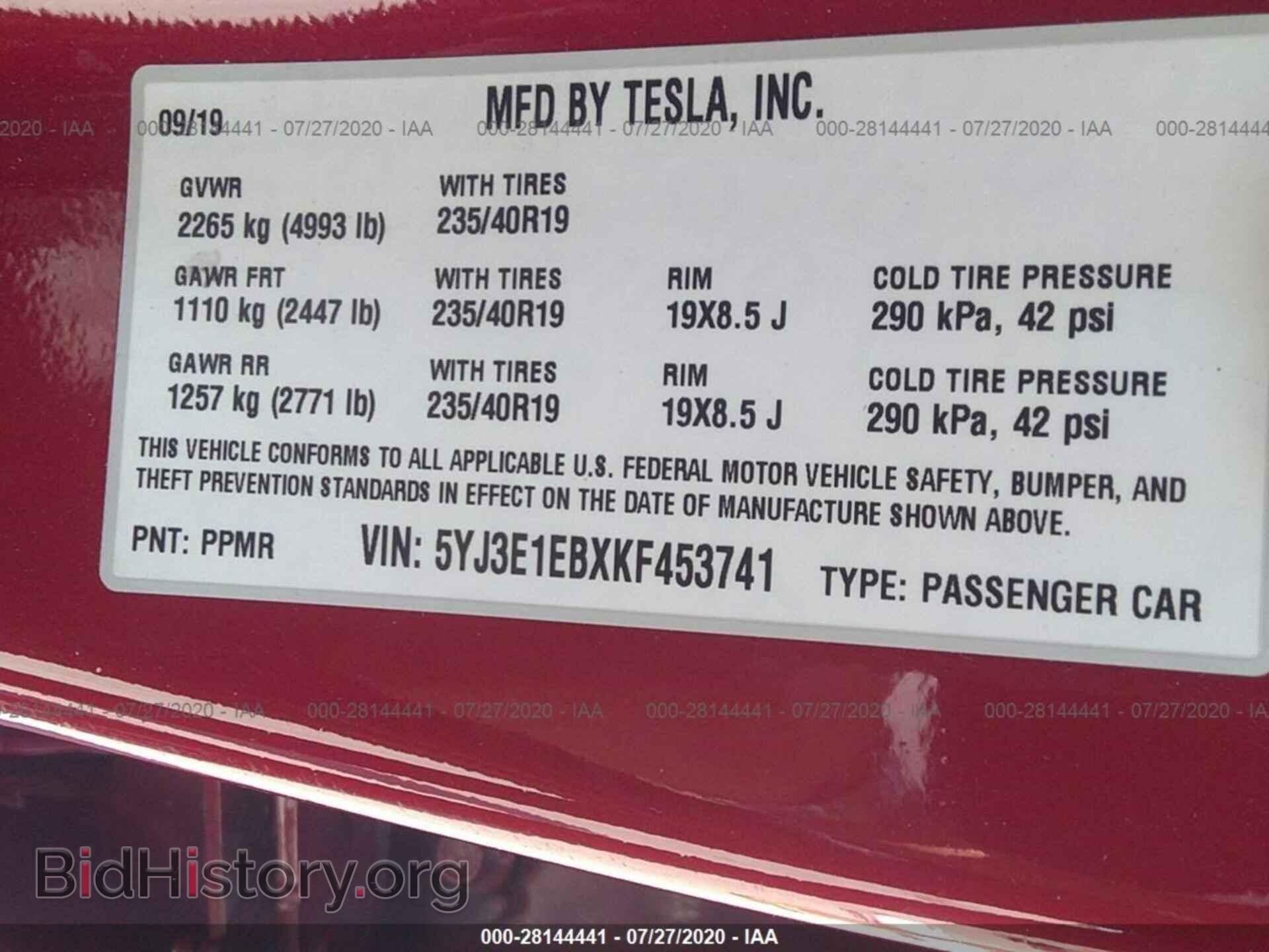 2019 TESLA MODEL 3 - VIN: 5YJ3E1EBXKF453741 - Фото 9