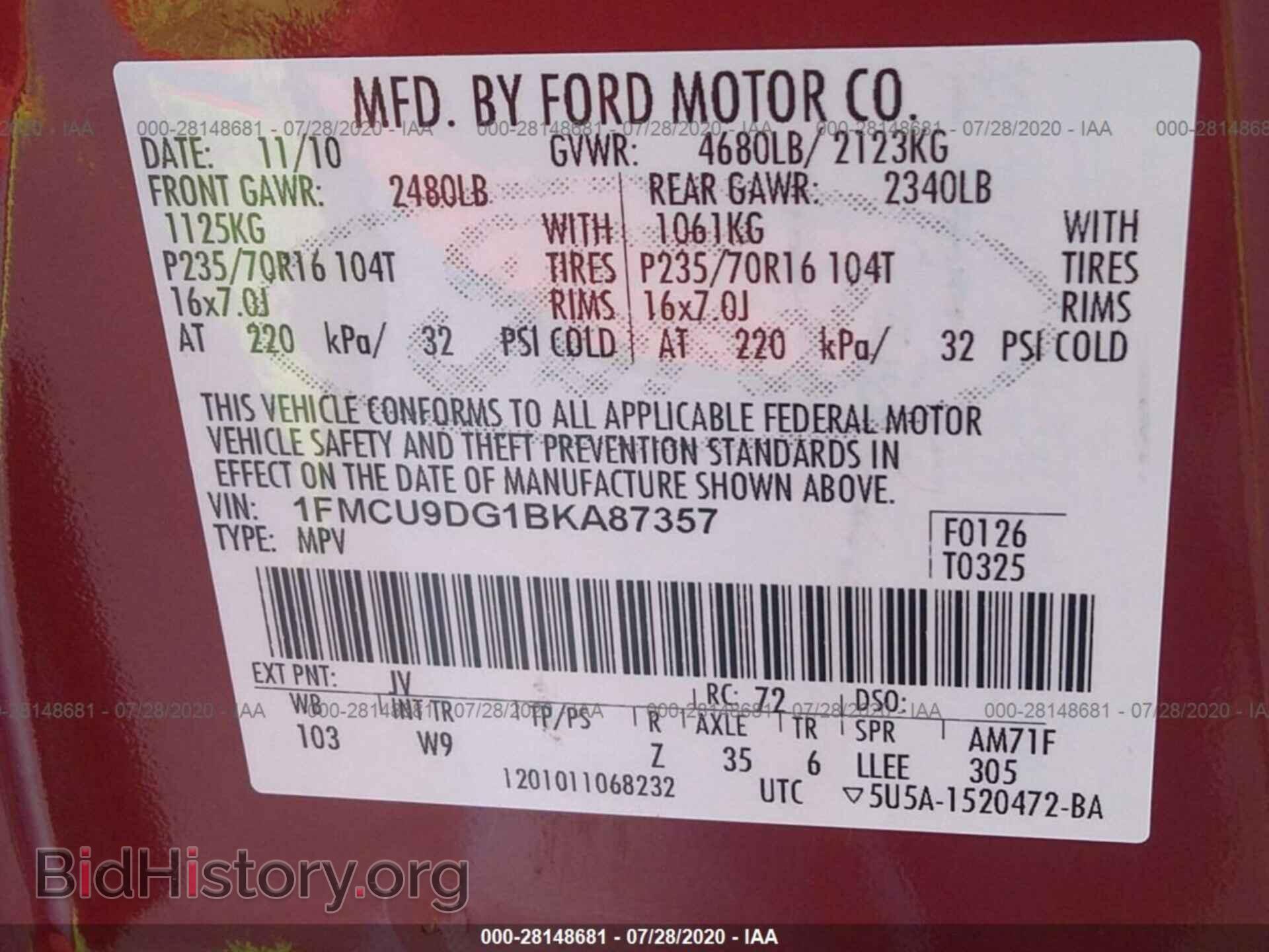 2011 FORD ESCAPE - VIN: 1FMCU9DG1BKA87357 - Фото 9