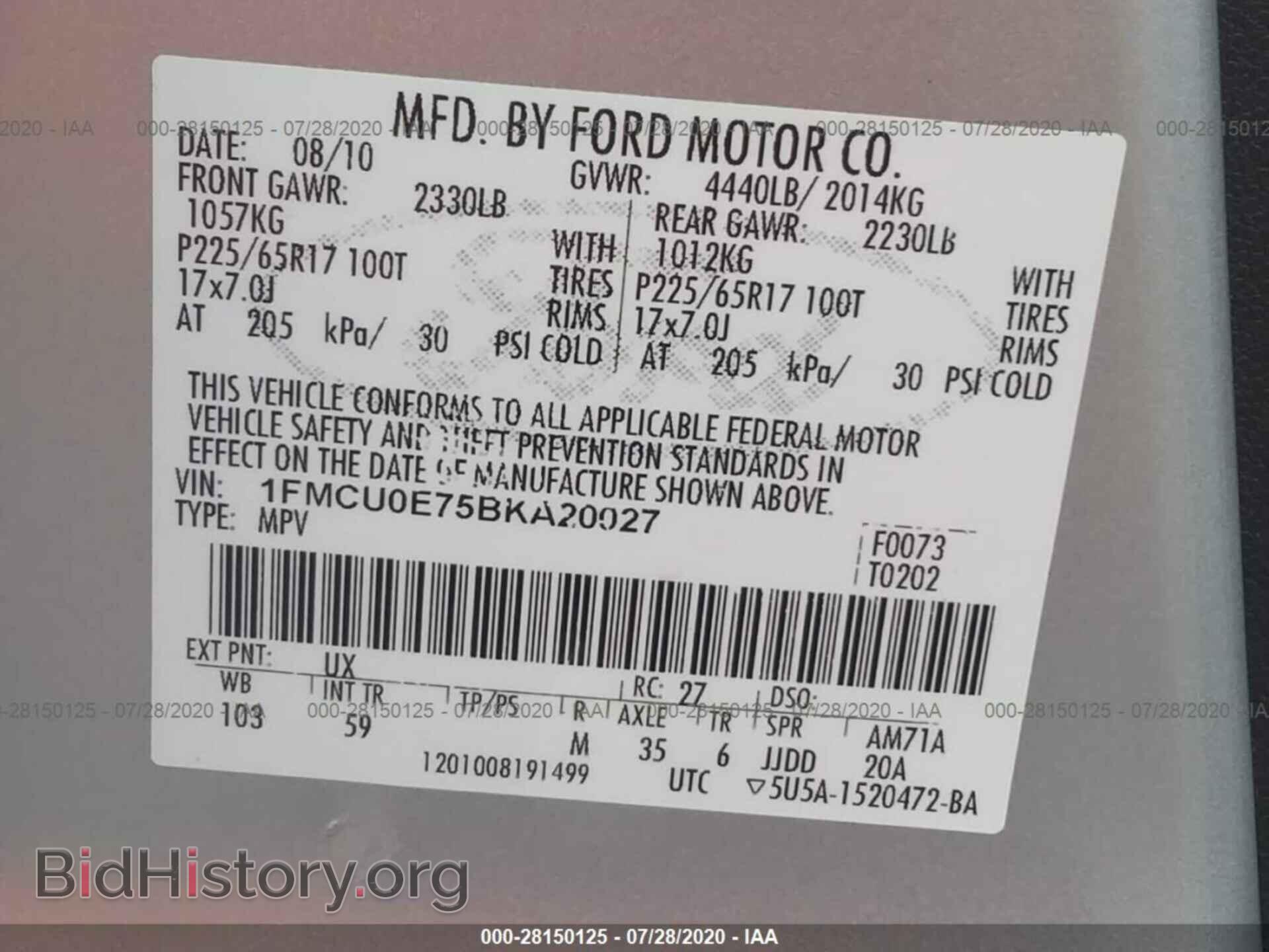 2011 FORD ESCAPE - VIN: 1FMCU0E75BKA20027 - Фото 9