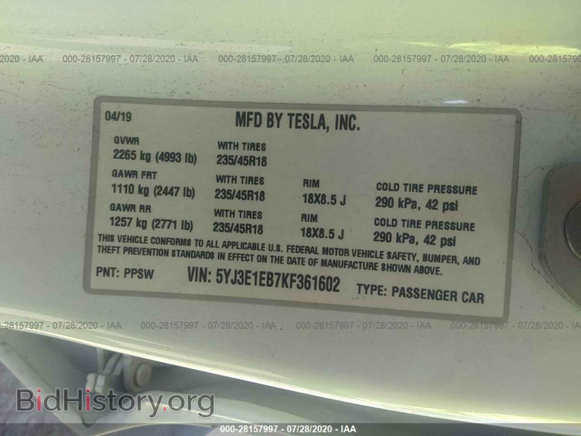 2019 TESLA MODEL 3 - VIN: 5YJ3E1EB7KF361602 - Photo 9