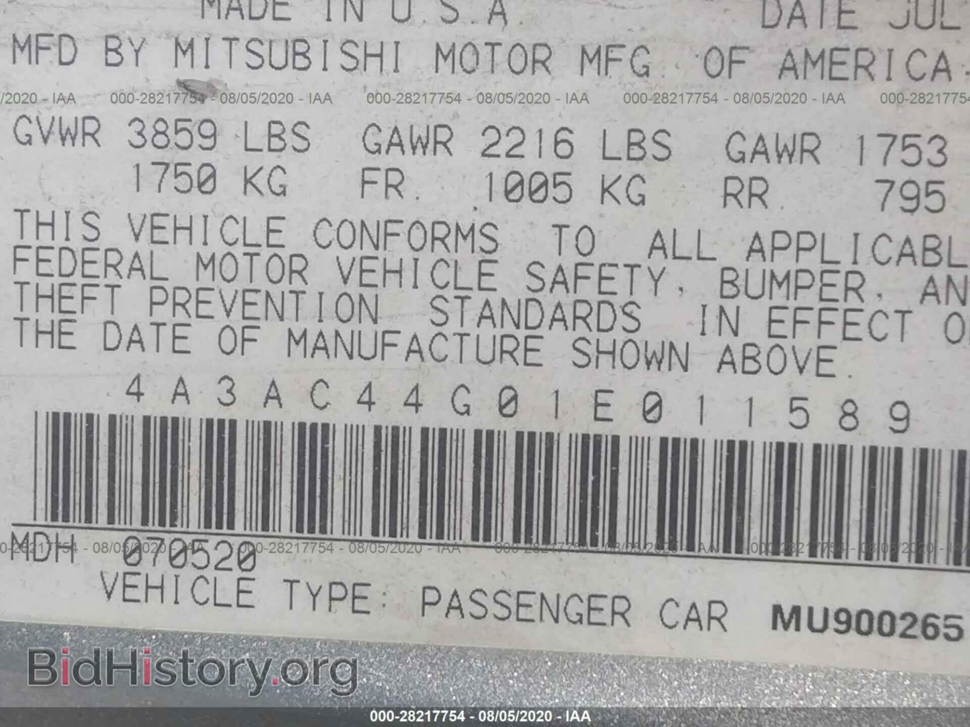 2001 MITSUBISHI ECLIPSE - VIN: 4A3AC44G01E011589 - Фото 9