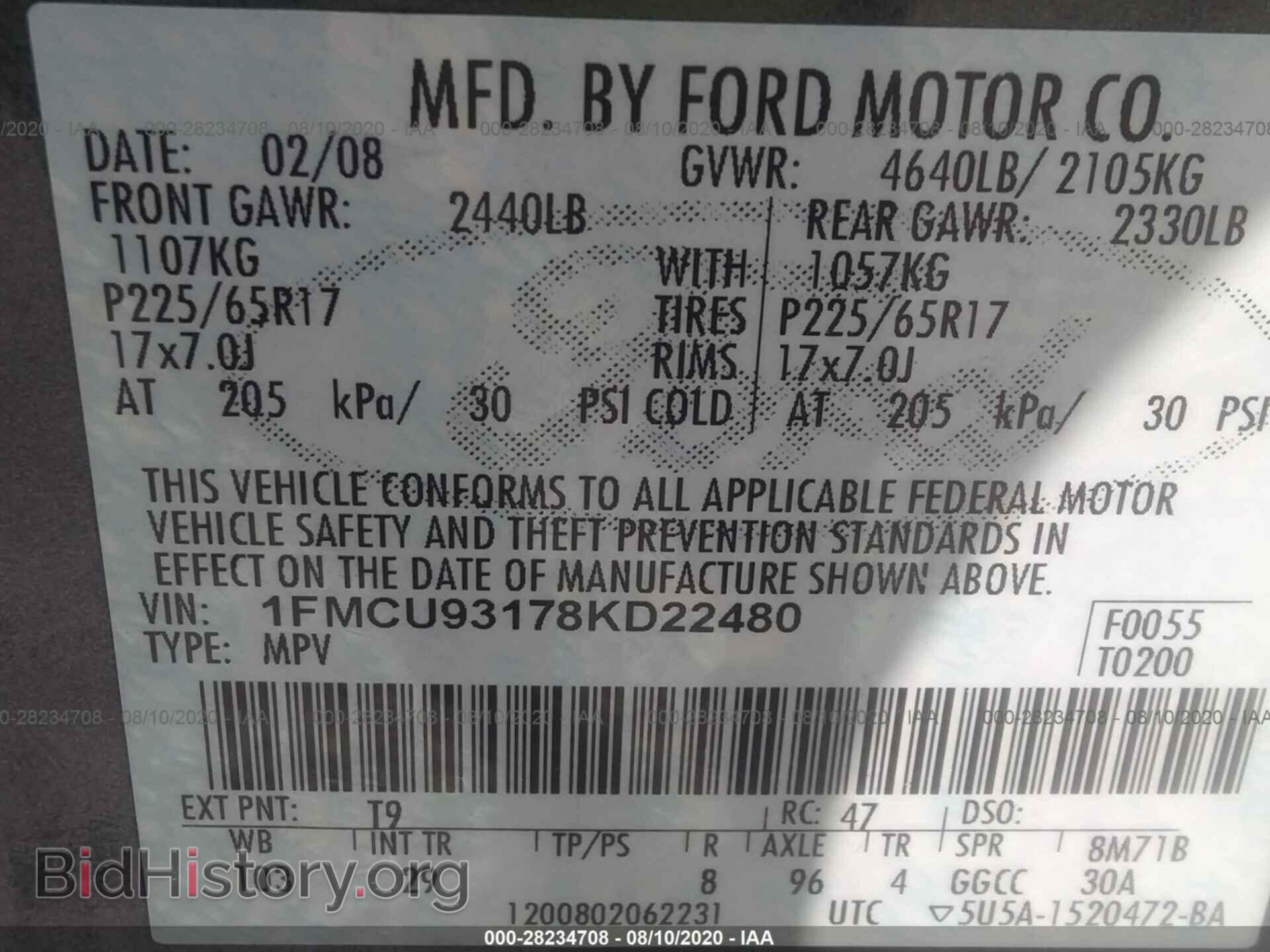 2008 FORD ESCAPE - VIN: 1FMCU93178KD22480 - Photo 9