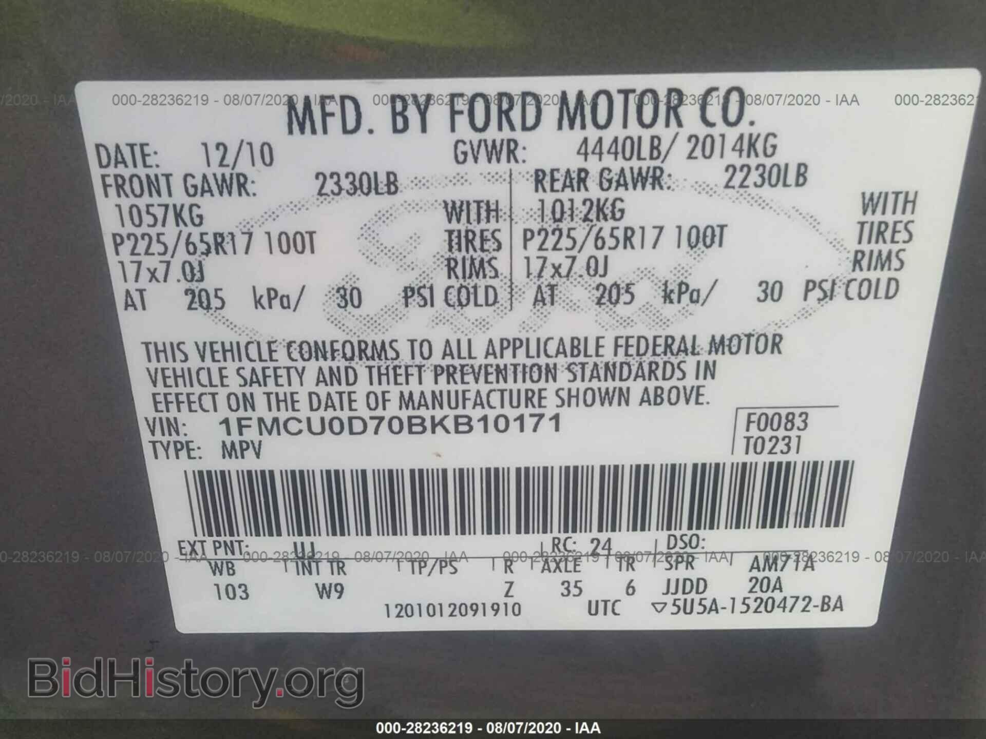 2011 FORD ESCAPE - VIN: 1FMCU0D70BKB10171 - Фото 9