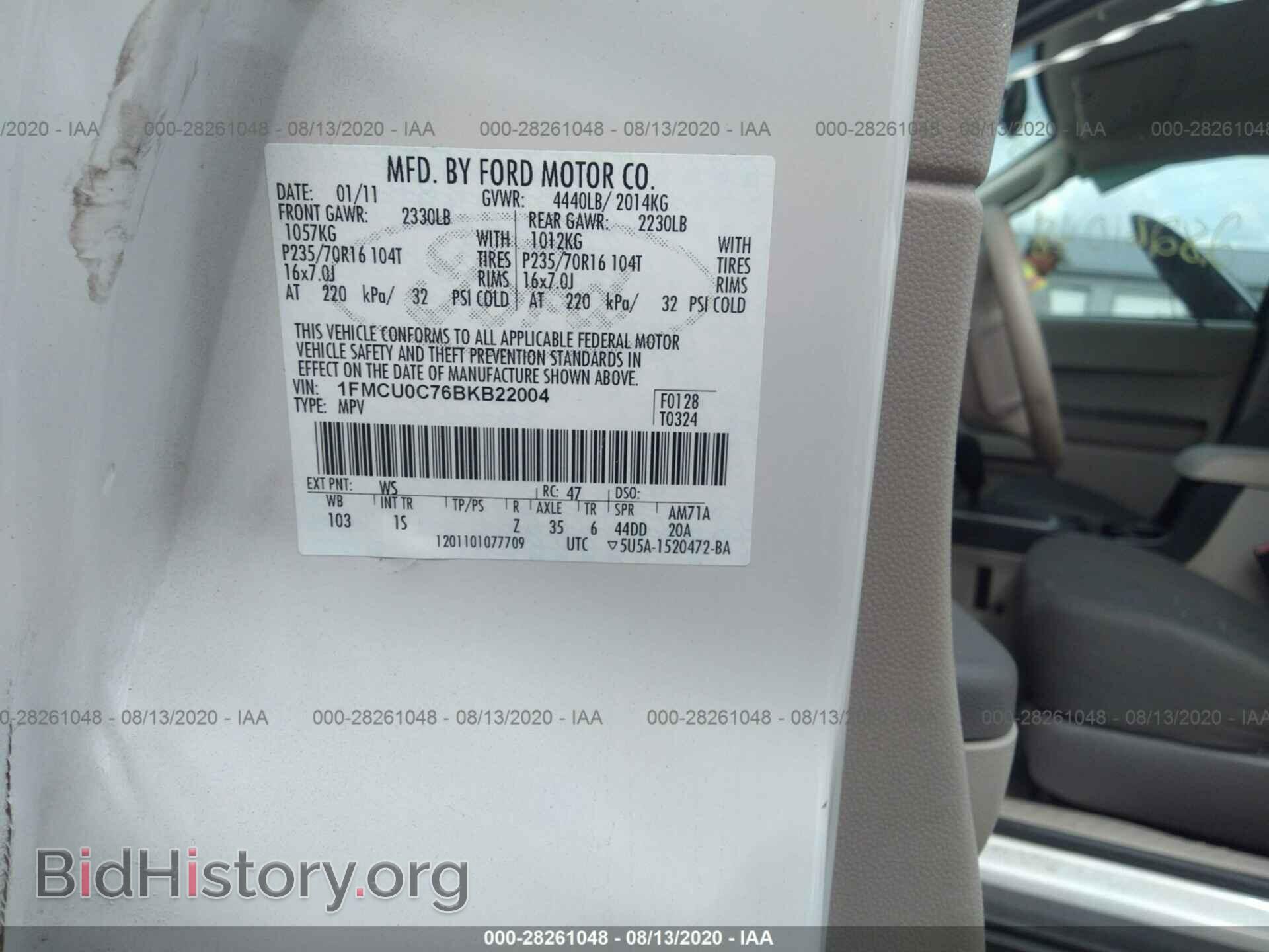 2011 FORD ESCAPE - VIN: 1FMCU0C76BKB22004 - Фото 9