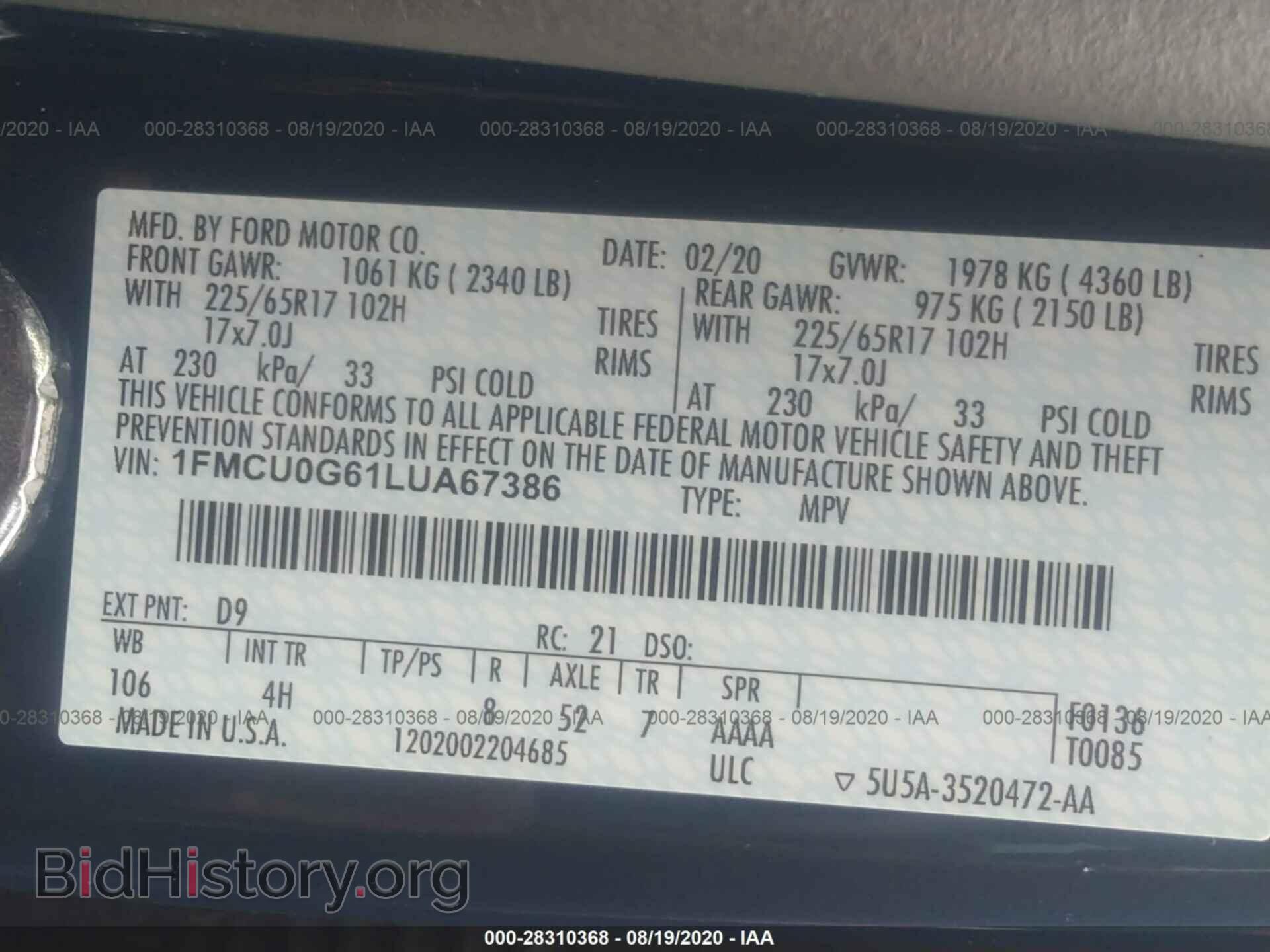 2020 FORD ESCAPE - VIN: 1FMCU0G61LUA67386 - Photo 9