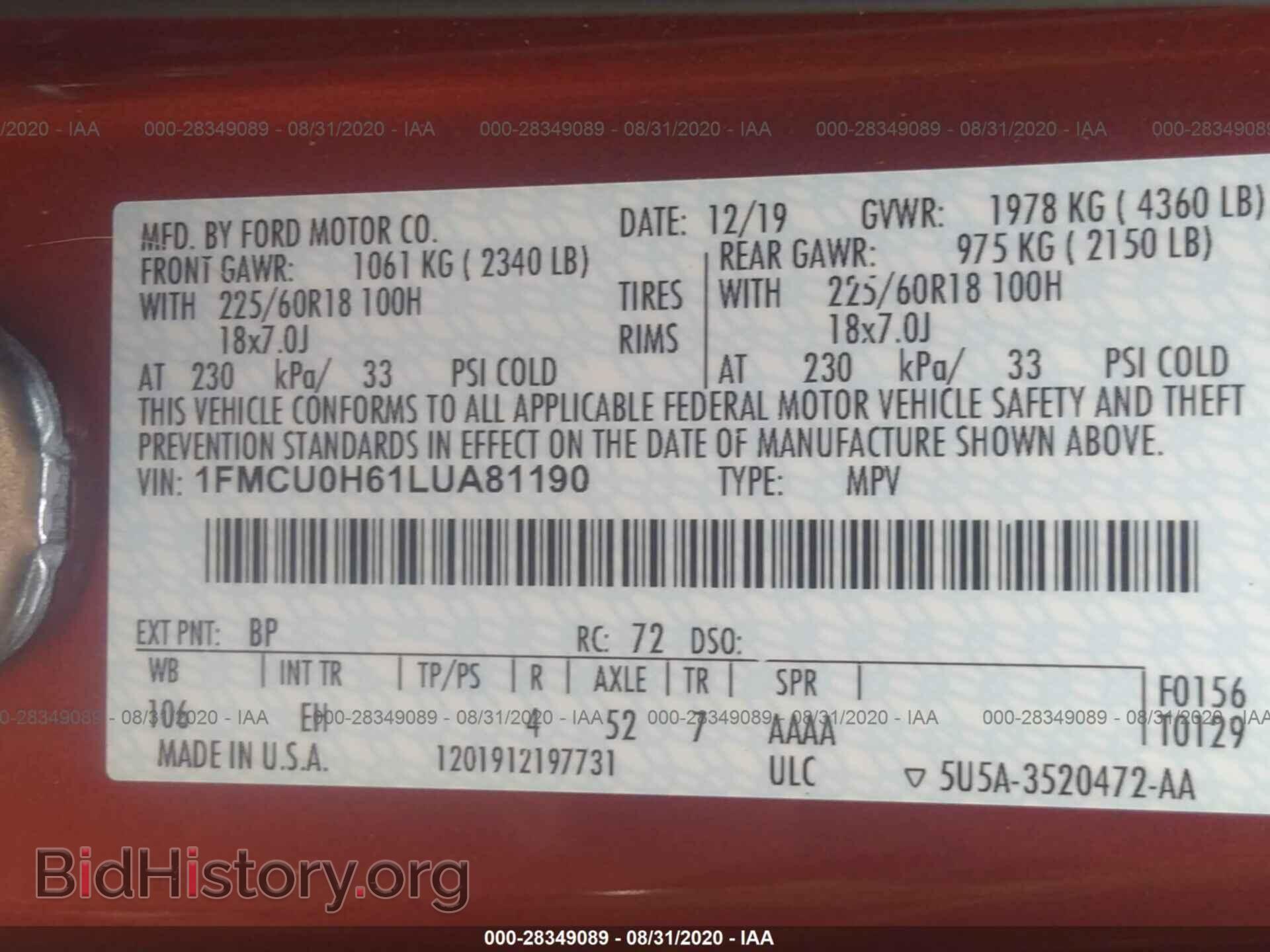 2020 FORD ESCAPE - VIN: 1FMCU0H61LUA81190 - Photo 9