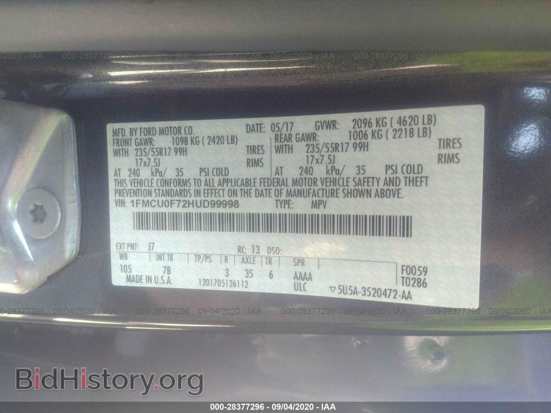 2017 Ford ESCAPE (VIN 1FMCU0F72HUD99998) — фото 9 из 11