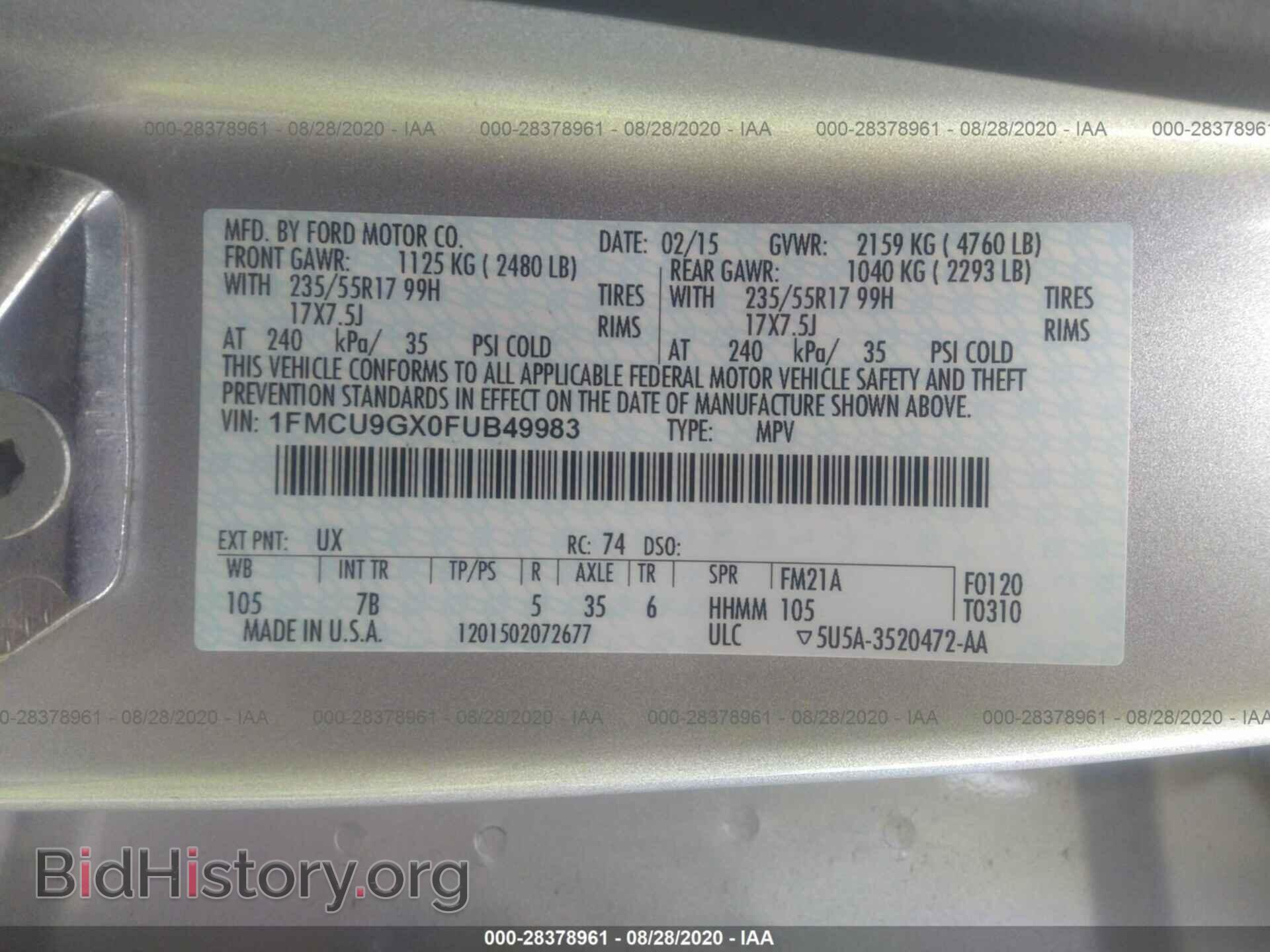 2015 FORD ESCAPE - VIN: 1FMCU9GX0FUB49983 - Photo 9