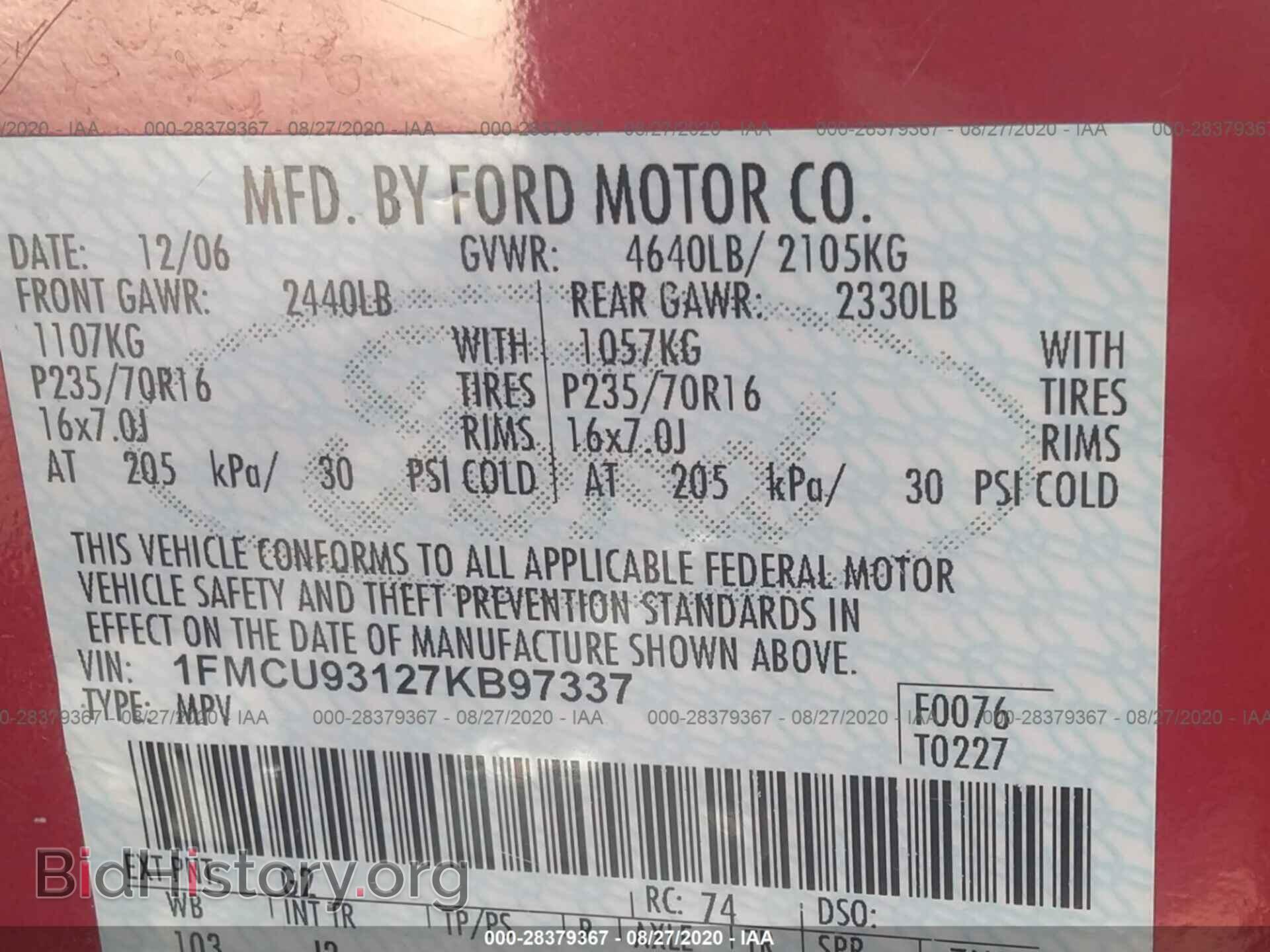 2007 FORD ESCAPE - VIN: 1FMCU93127KB97337 - Фото 9