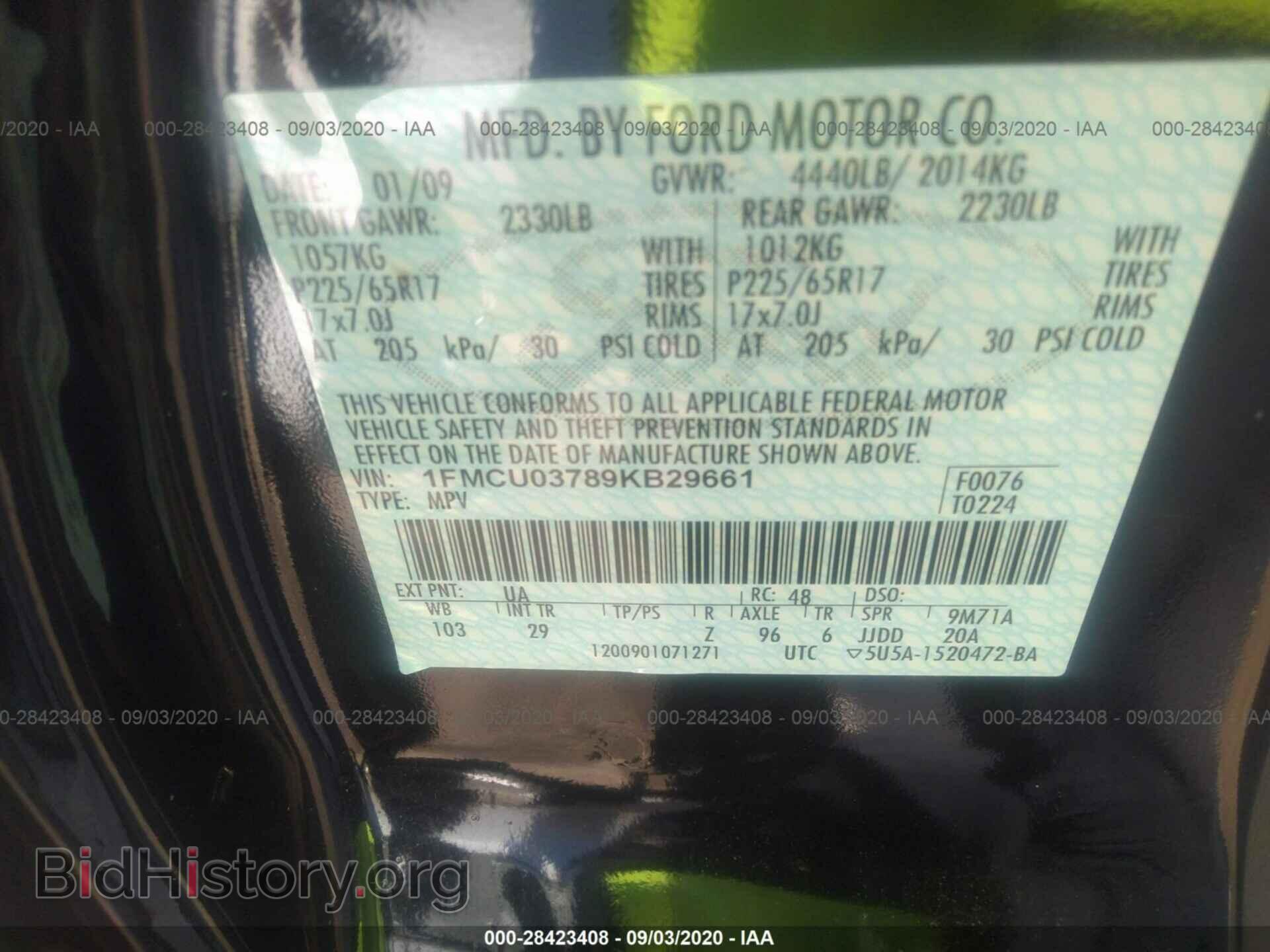 2009 FORD ESCAPE - VIN: 1FMCU03789KB29661 - Фото 9