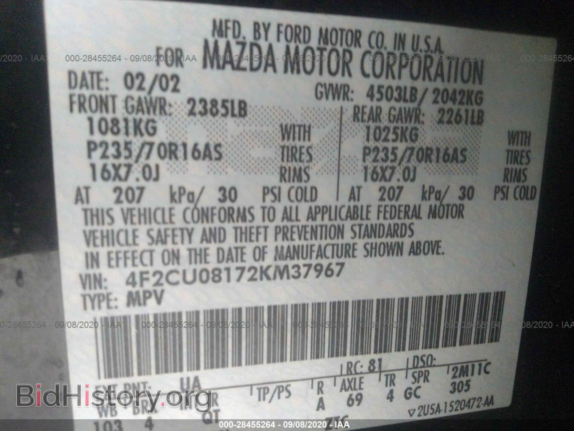 2002 MAZDA TRIBUTE - VIN: 4F2CU08172KM37967 - Фото 9