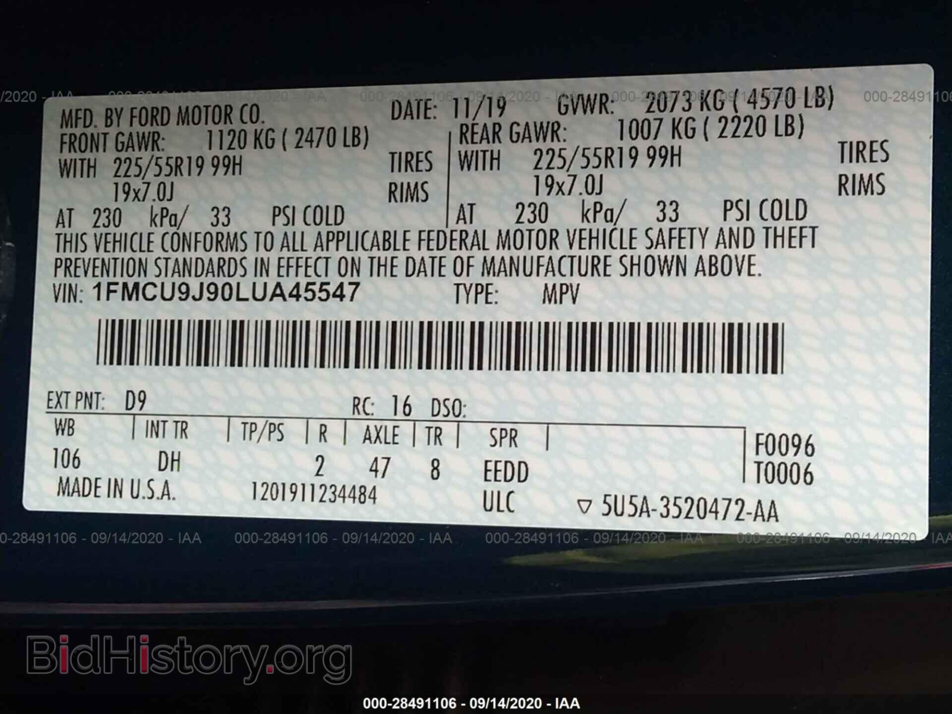 2020 FORD ESCAPE - VIN: 1FMCU9J90LUA45547 - Photo 9