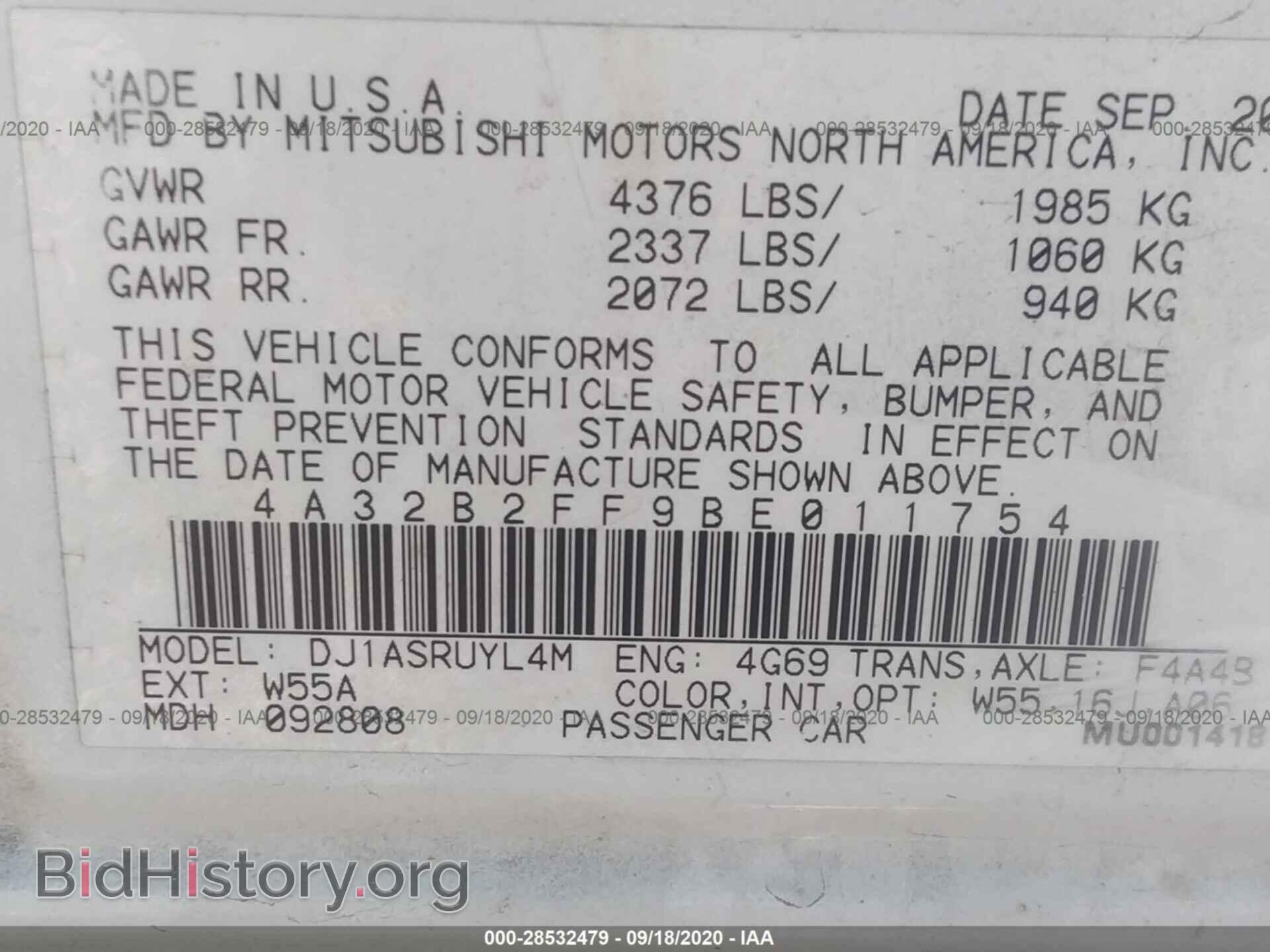 2011 MITSUBISHI GALANT - VIN: 4A32B2FF9BE011754 - Фото 9