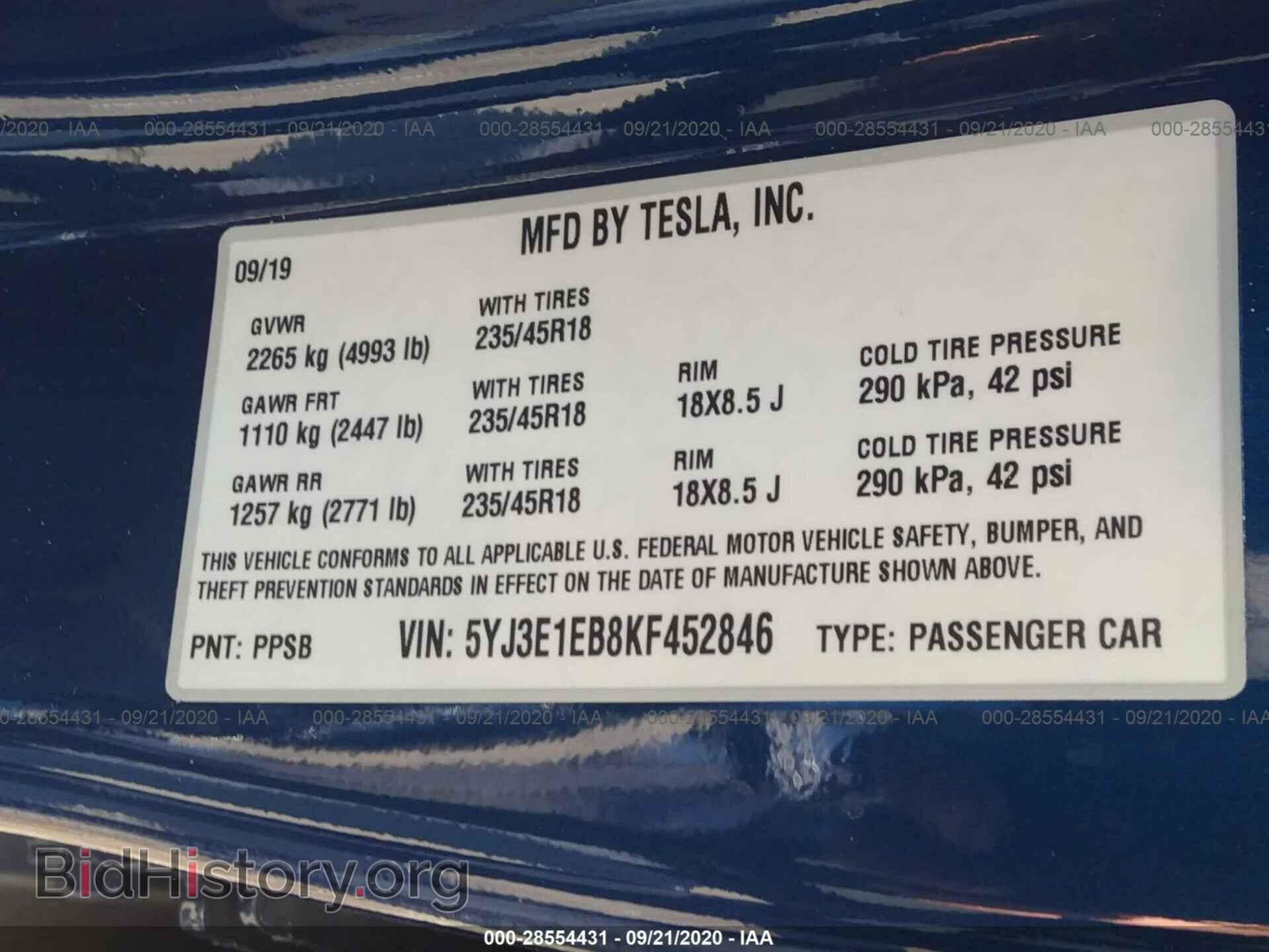 2019 TESLA MODEL 3 - VIN: 5YJ3E1EB8KF452846 - Фото 9
