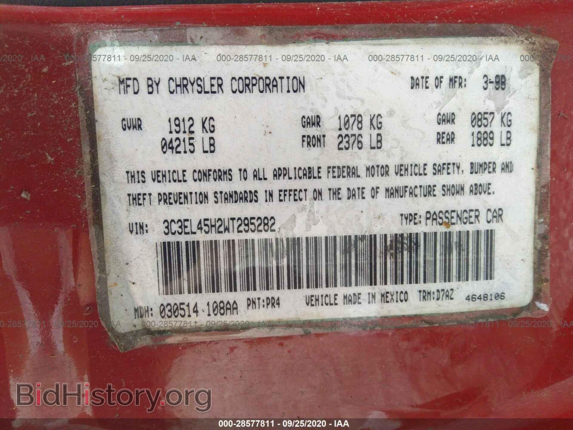 1998 CHRYSLER SEBRING - VIN: 3C3EL45H2WT295282 - Фото 9