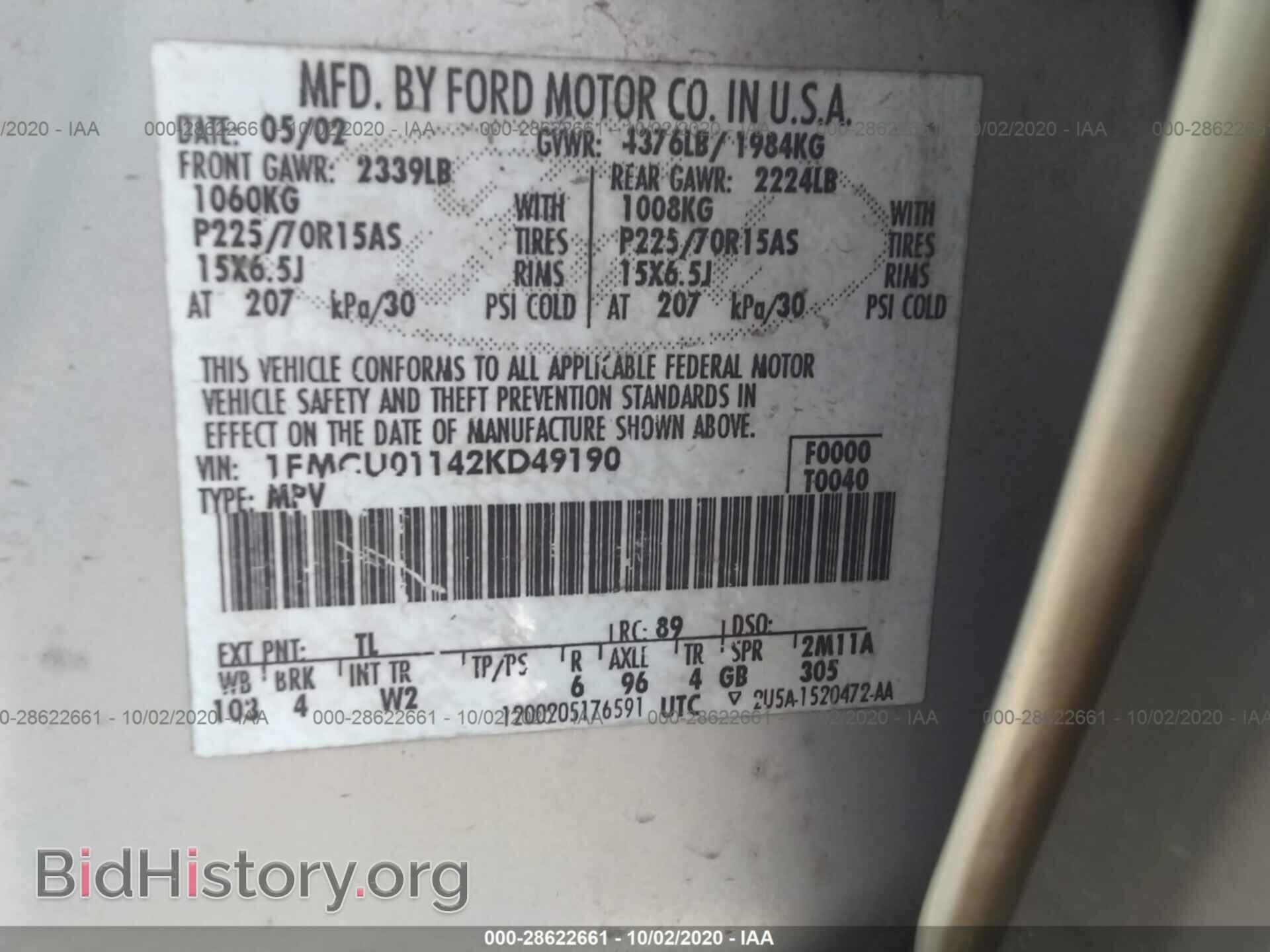 2002 FORD ESCAPE - VIN: 1FMCU01142KD49190 - Photo 9