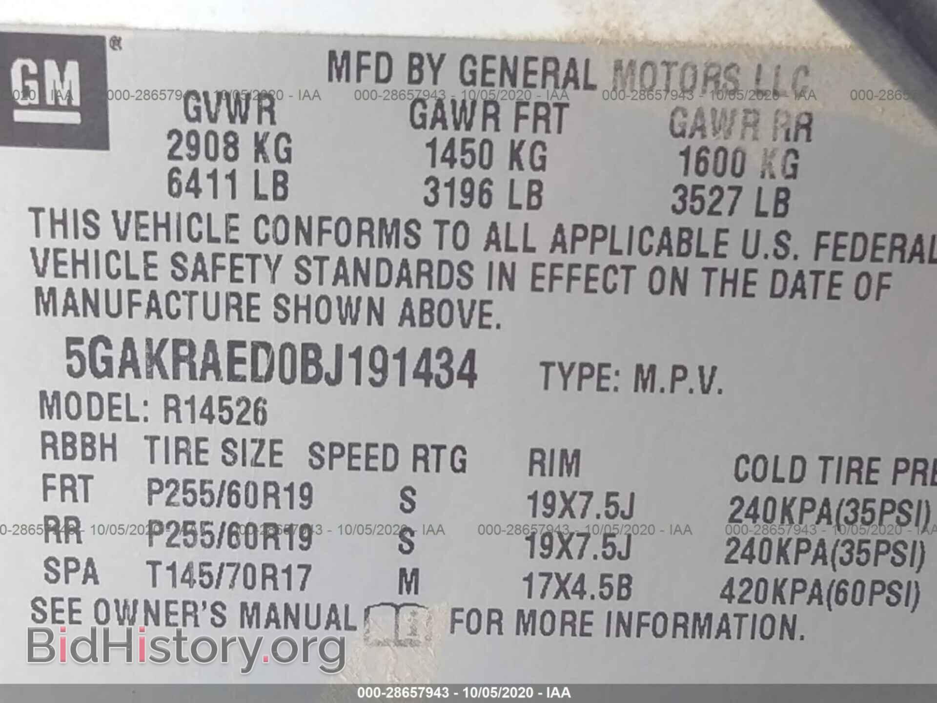 2011 BUICK ENCLAVE - VIN: 5GAKRAED0BJ191434 - Фото 9