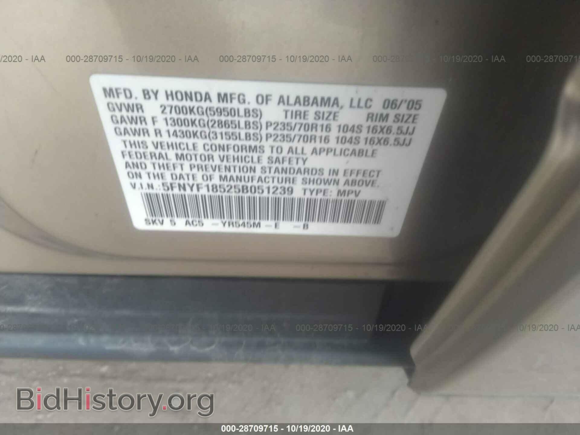 2005 HONDA PILOT - VIN: 5FNYF18525B051239 - Фото 9