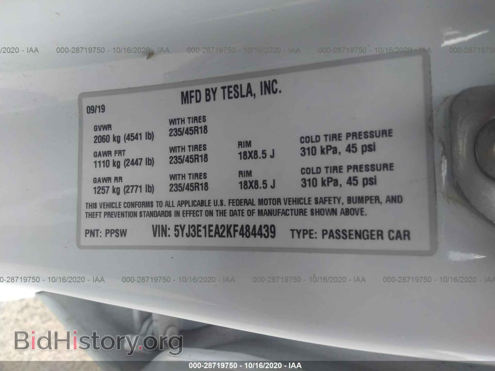 2019 TESLA MODEL 3 - VIN: 5YJ3E1EA2KF484439 - Фото 9