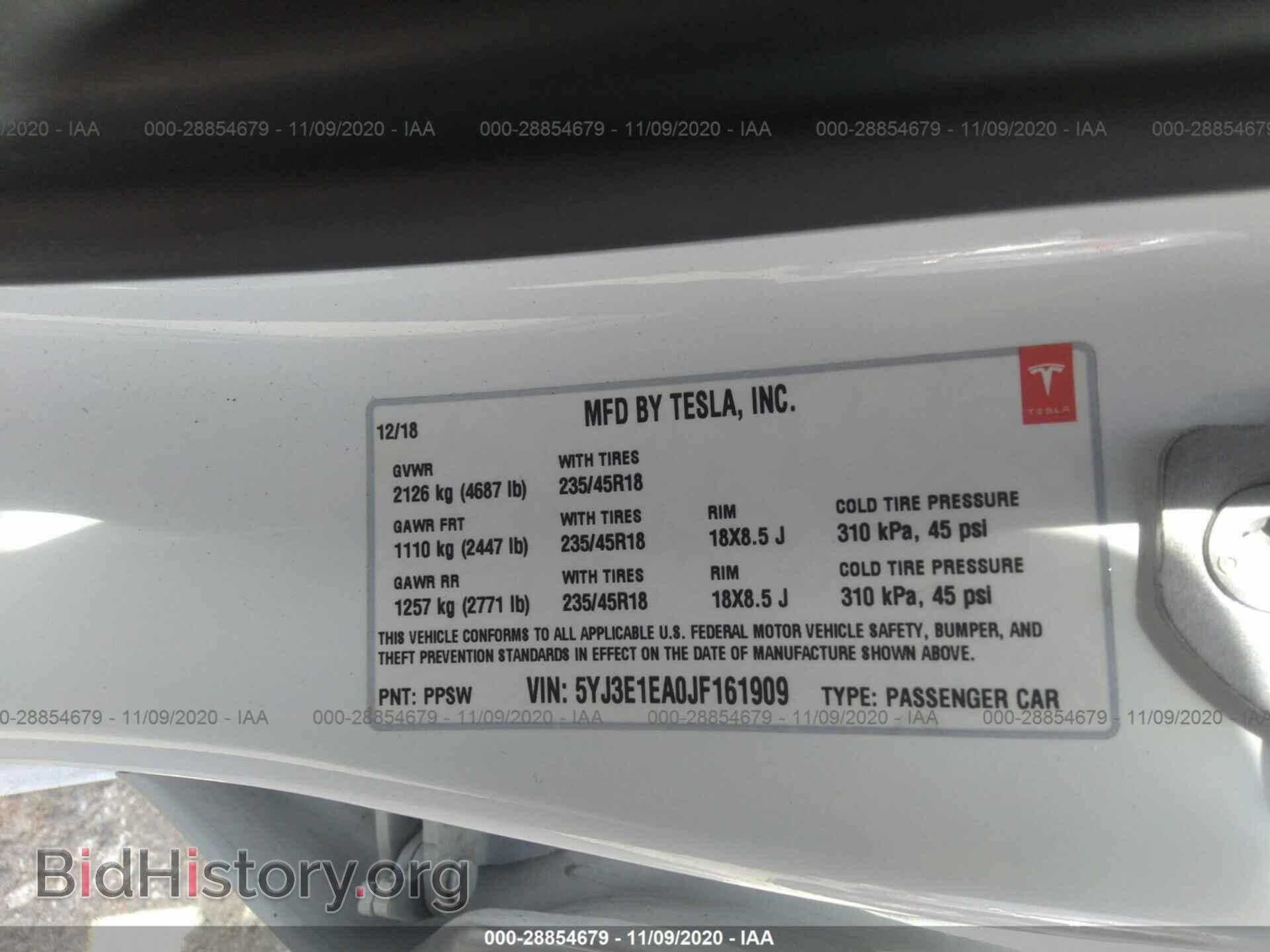 2018 TESLA MODEL 3 - VIN: 5YJ3E1EA0JF161909 - Фото 9