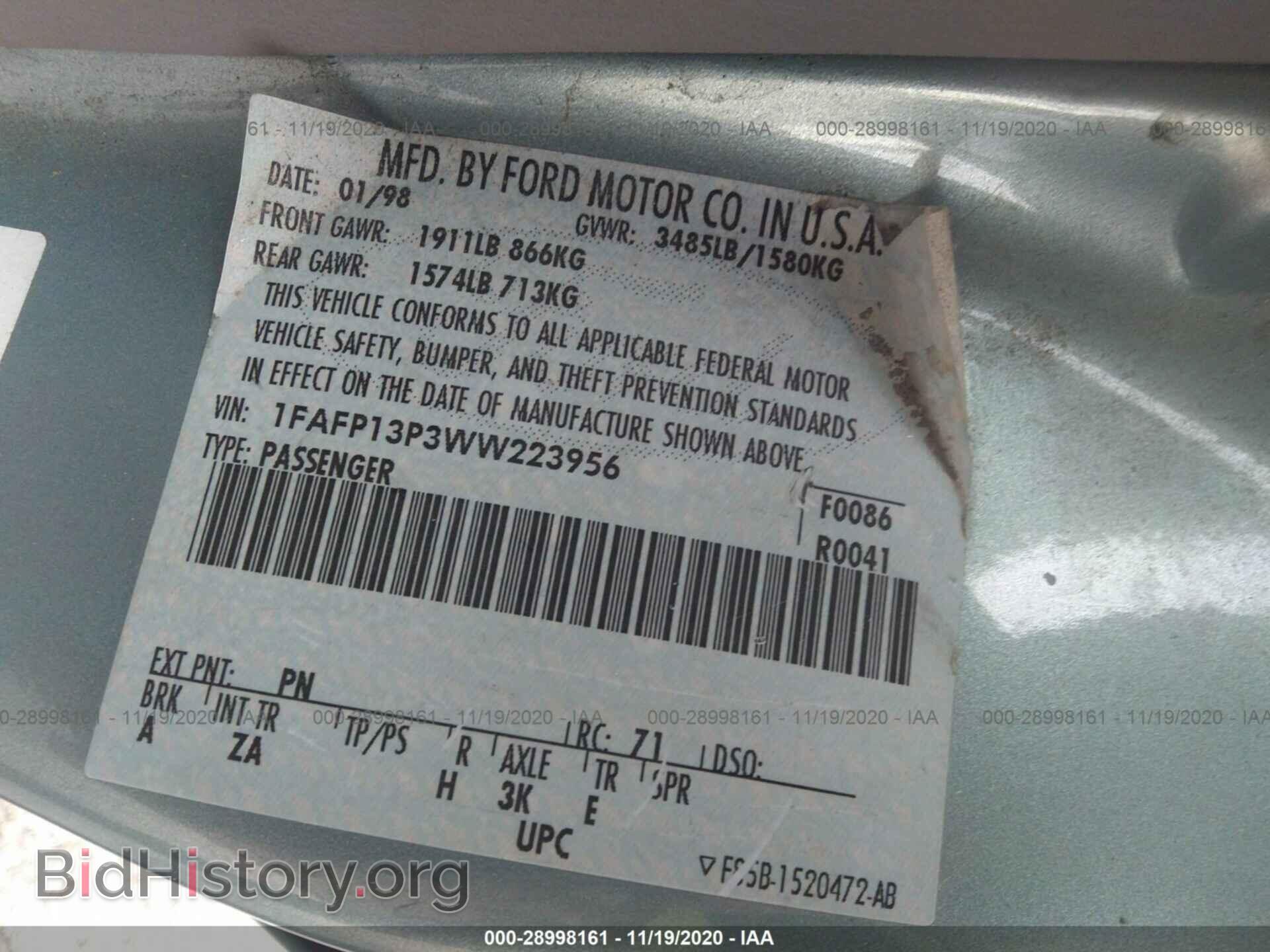 1998 FORD ESCORT - VIN: 1FAFP13P3WW223956 - Фото 9