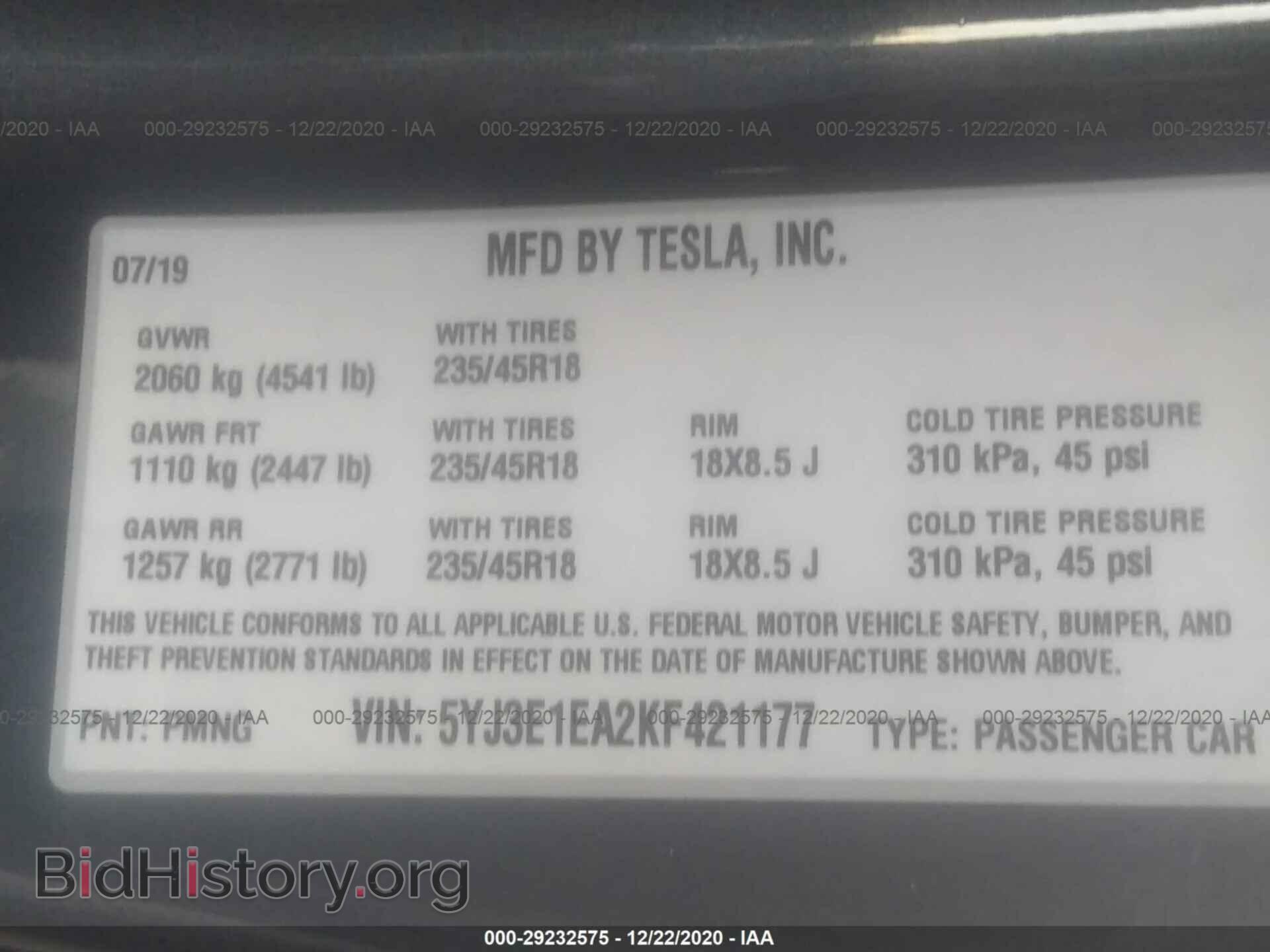 2019 TESLA MODEL 3 - VIN: 5YJ3E1EA2KF421177 - Фото 9
