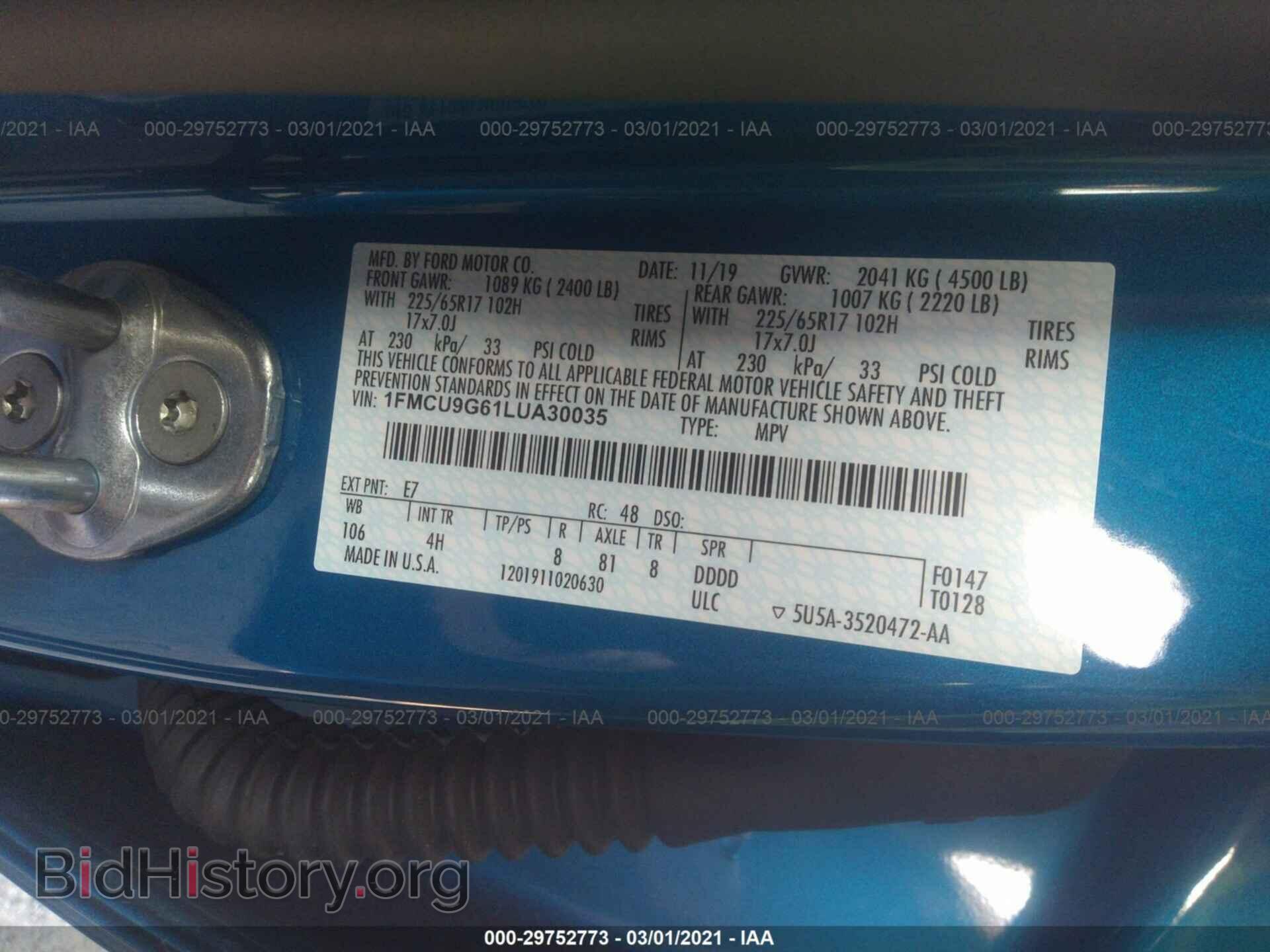 2020 FORD ESCAPE - VIN: 1FMCU9G61LUA30035 - Photo 9