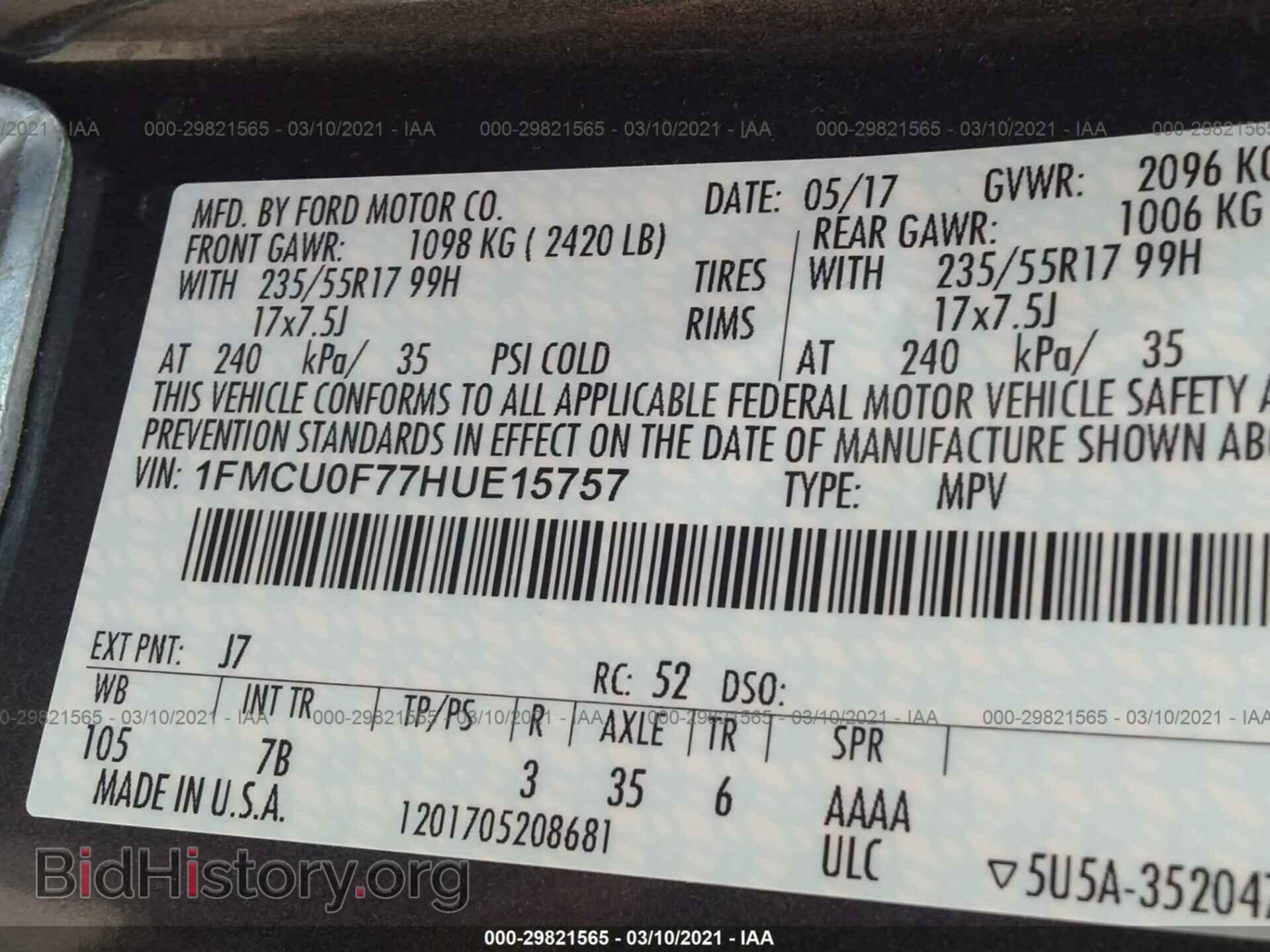 2017 FORD ESCAPE - VIN: 1FMCU0F77HUE15757 - Фото 9