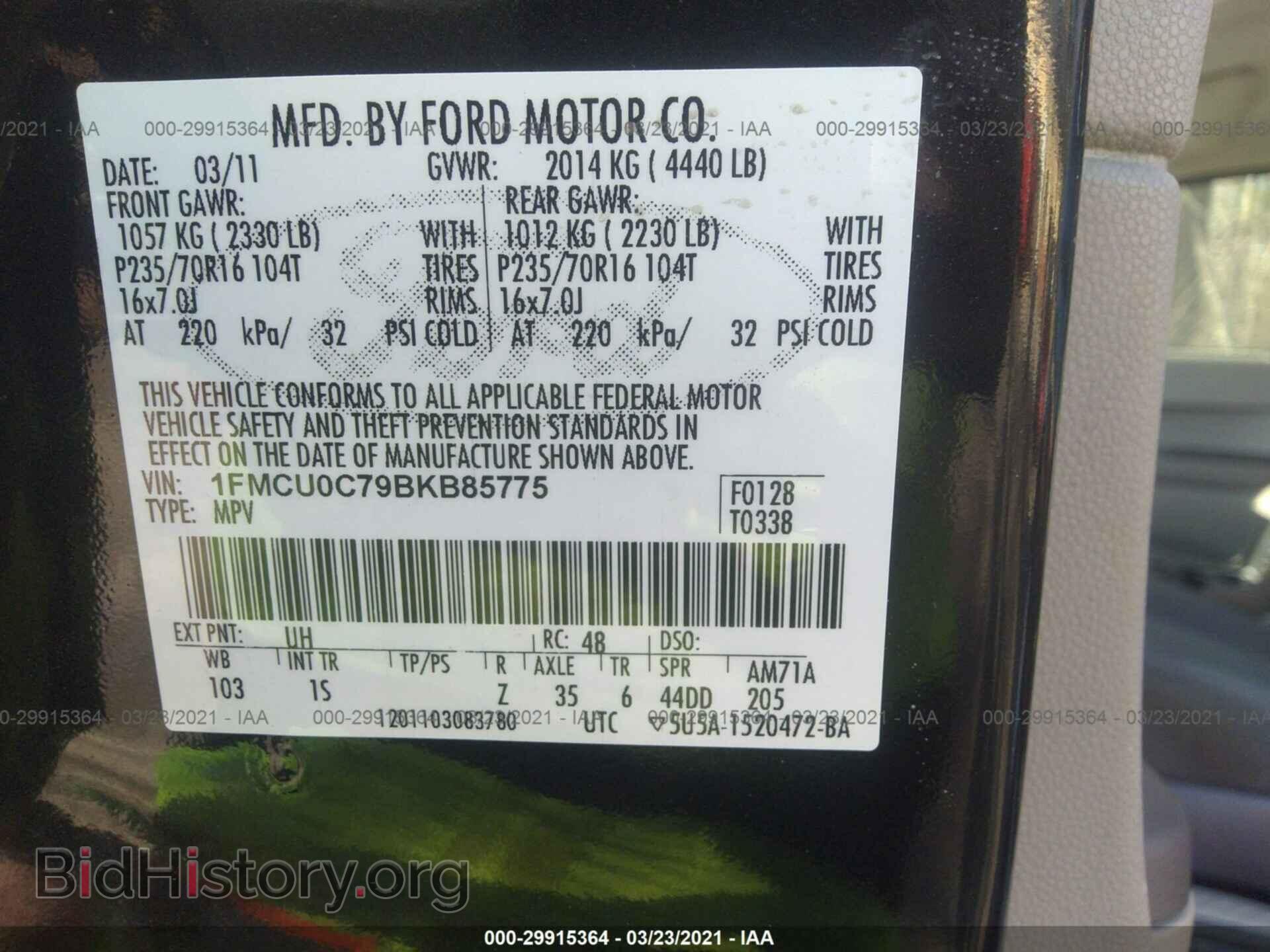2011 FORD ESCAPE - VIN: 1FMCU0C79BKB85775 - Фото 9