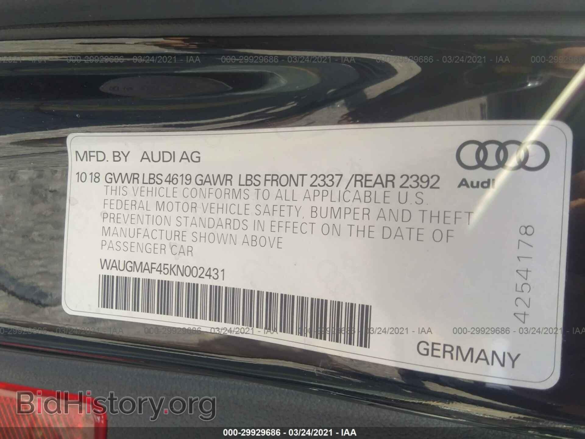 2019 AUDI A4 - VIN: WAUGMAF45KN002431 - Фото 9