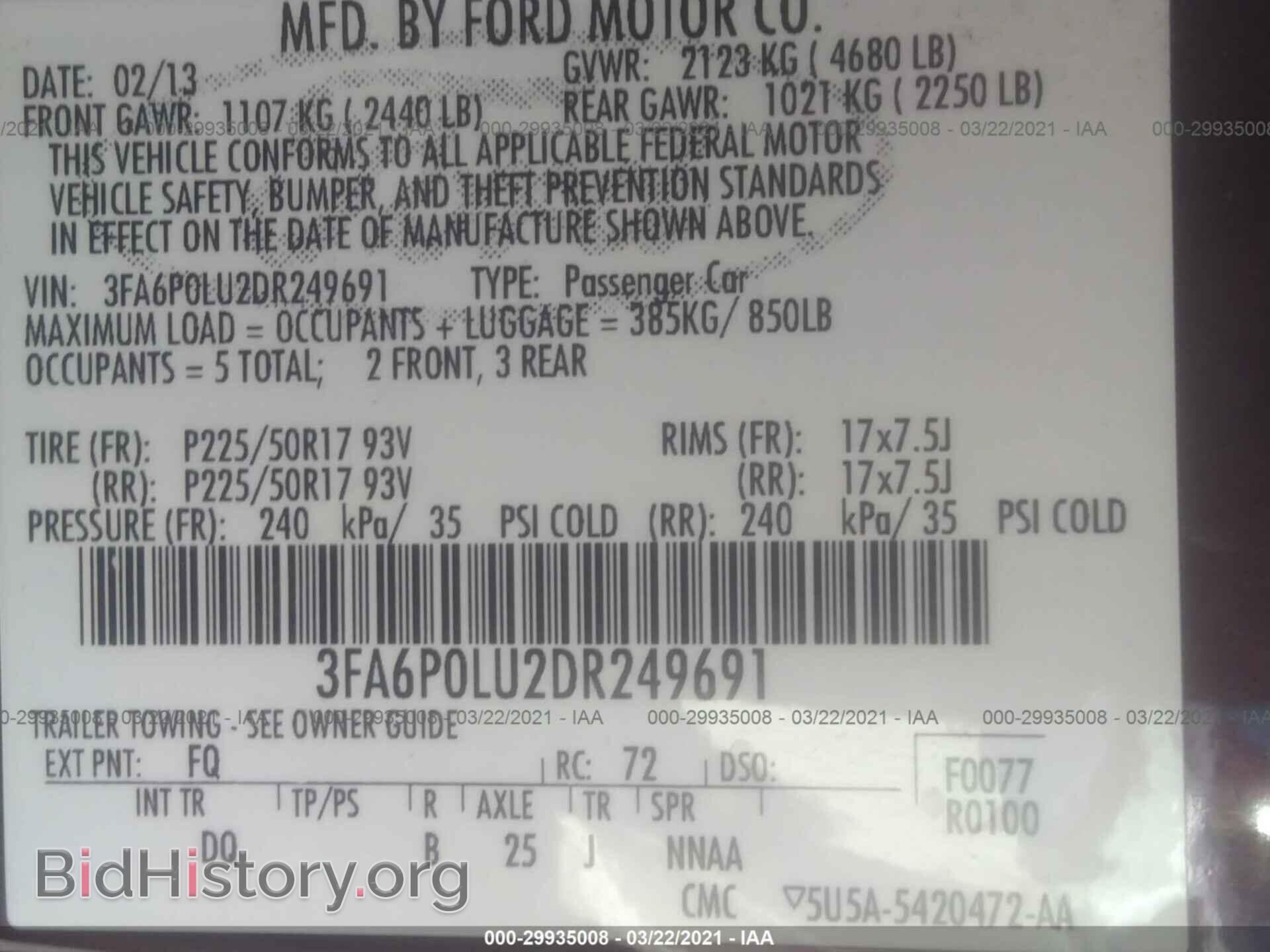 2013 FORD FUSION - VIN: 3FA6P0LU2DR249691 - Фото 9